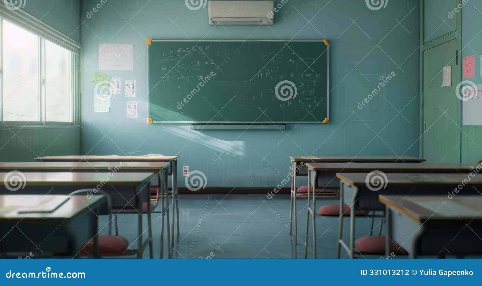 empty classroom with chalkboard and desks in a school setting