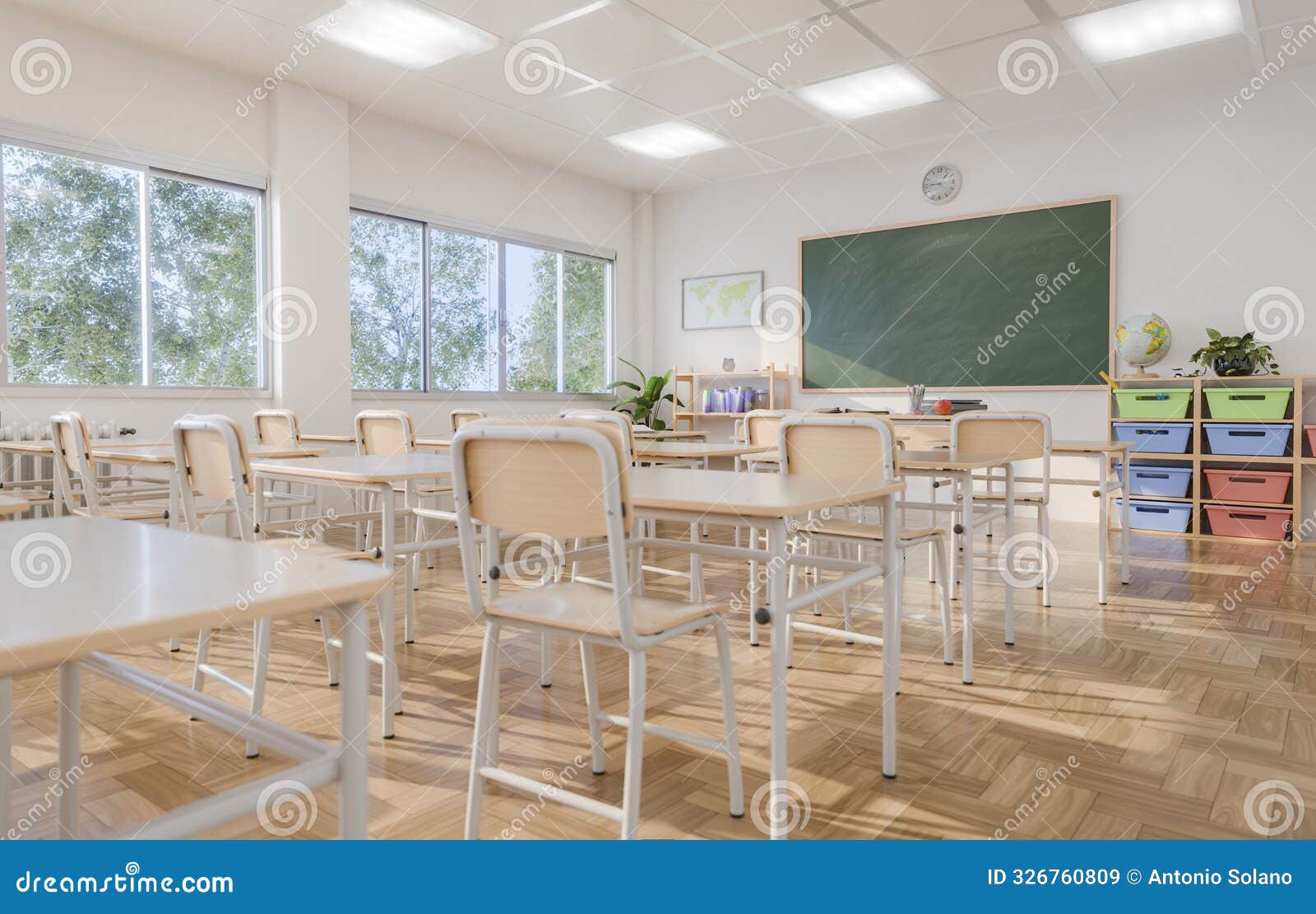 Empty Classroom with Desks and Chairs in Brightly Lit Environment Stock  Illustration - Illustration of organized, morning: 326760809