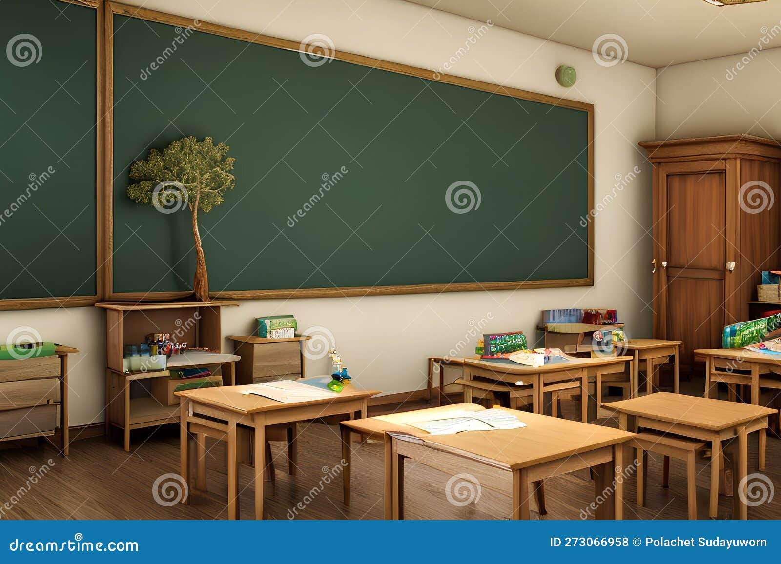 Empty Classroom with Chalkboard and Desk