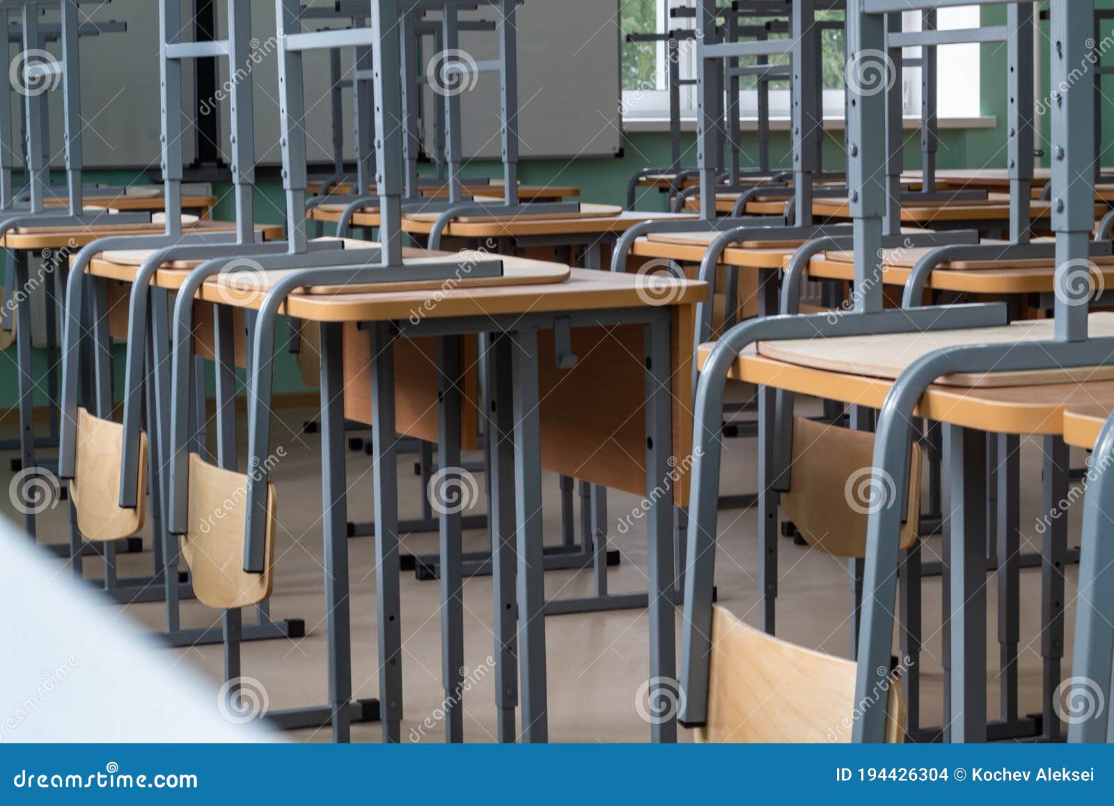 Empty Classroom, Inverted Chairs on Desks, Distance Learning during the