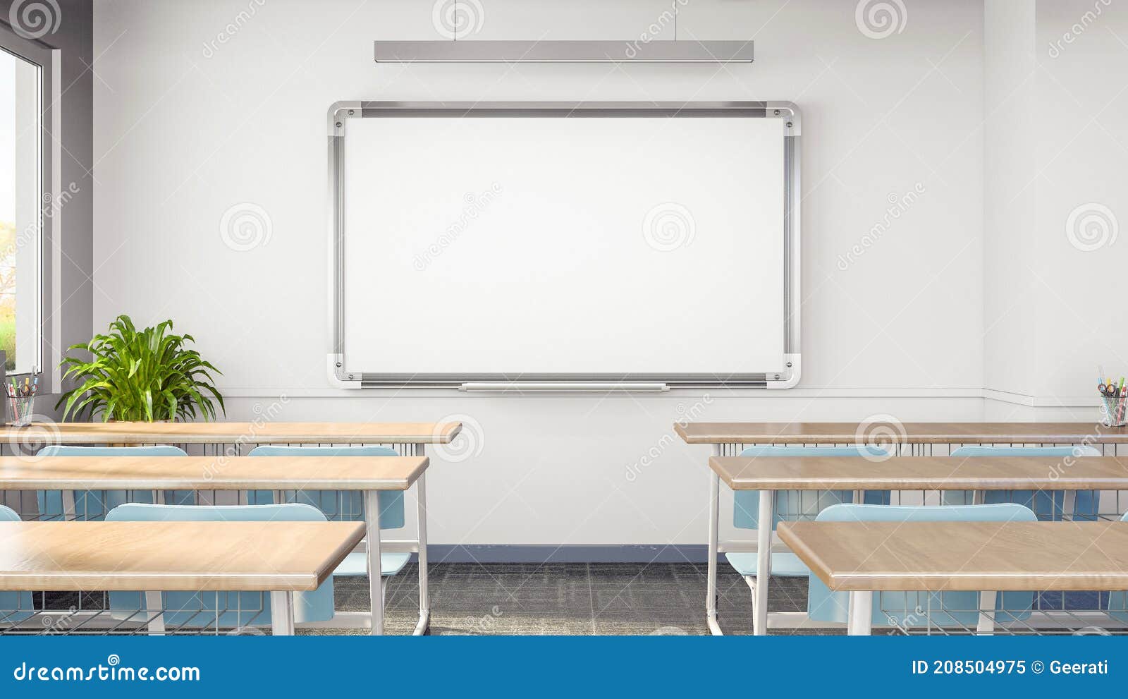 Empty Classroom Or Presentation Room Interior With Desks Chairs And