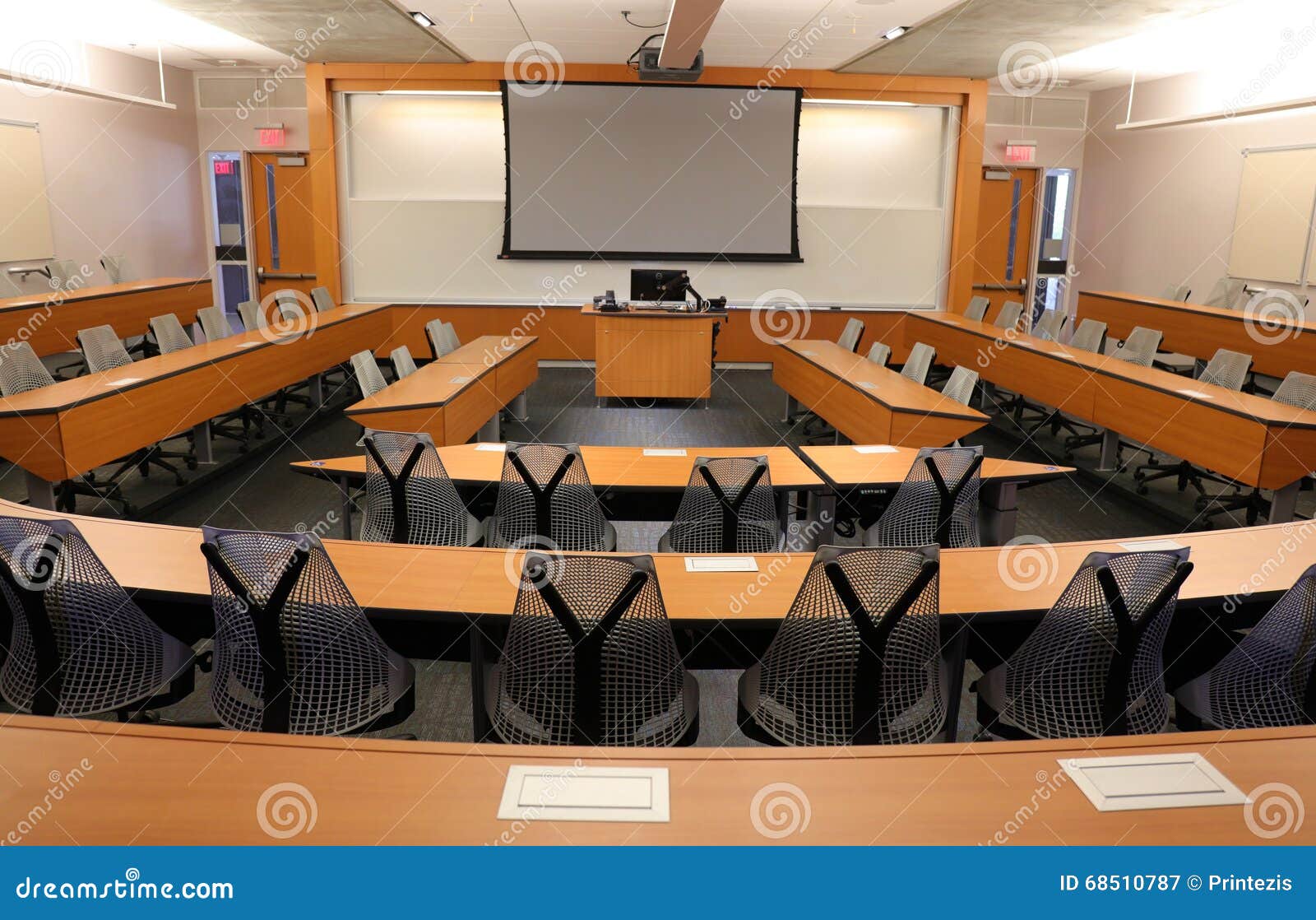 empty classroom with projector & blank screen