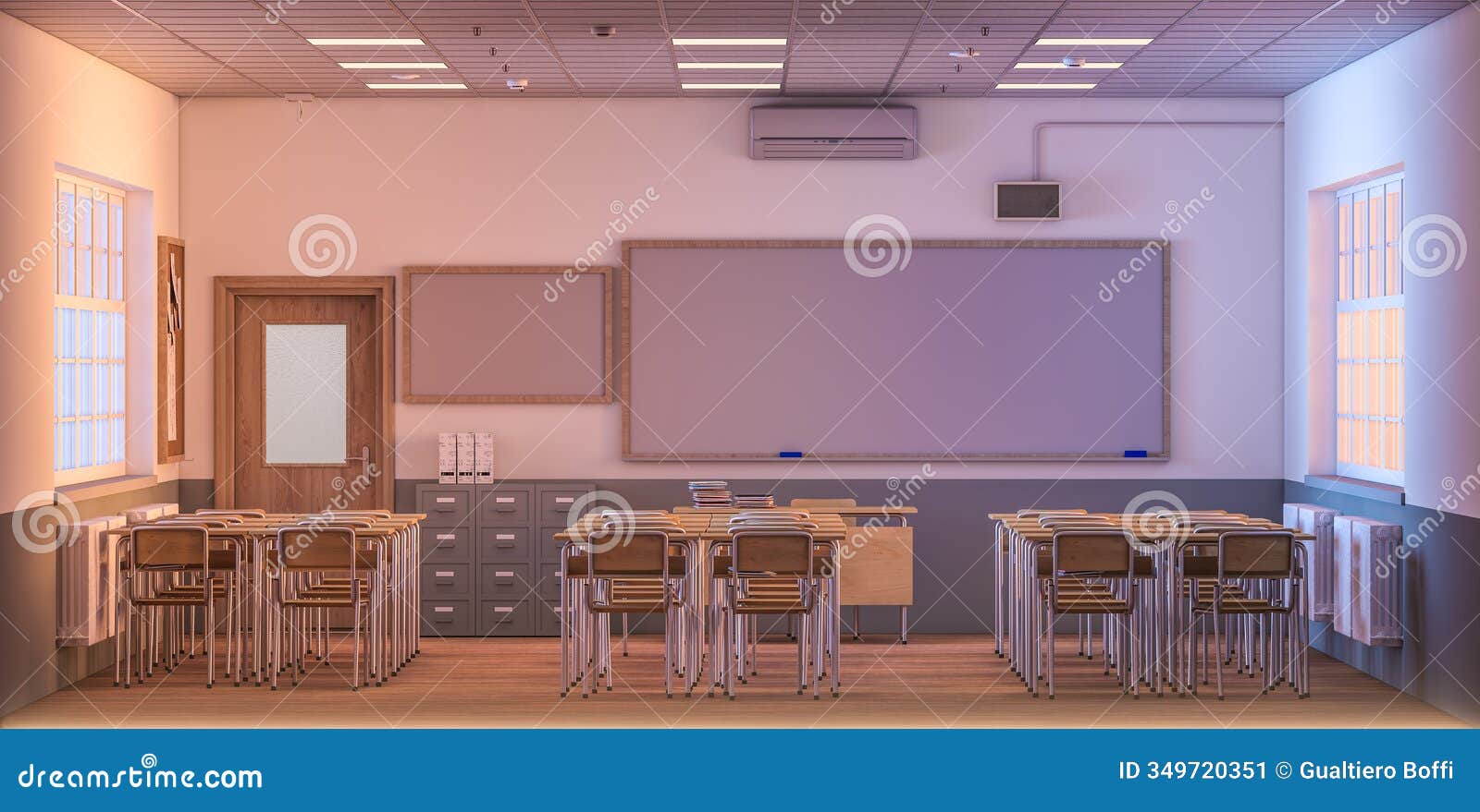 empty classroom with wooden desks