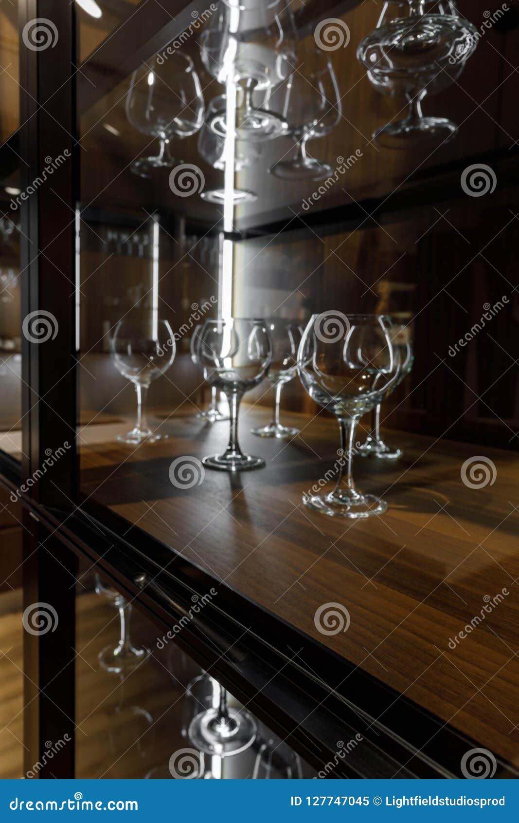 Empty Clean Glasses Organized in Wooden Cupboard Stock Image Image of wooden, household 127747045