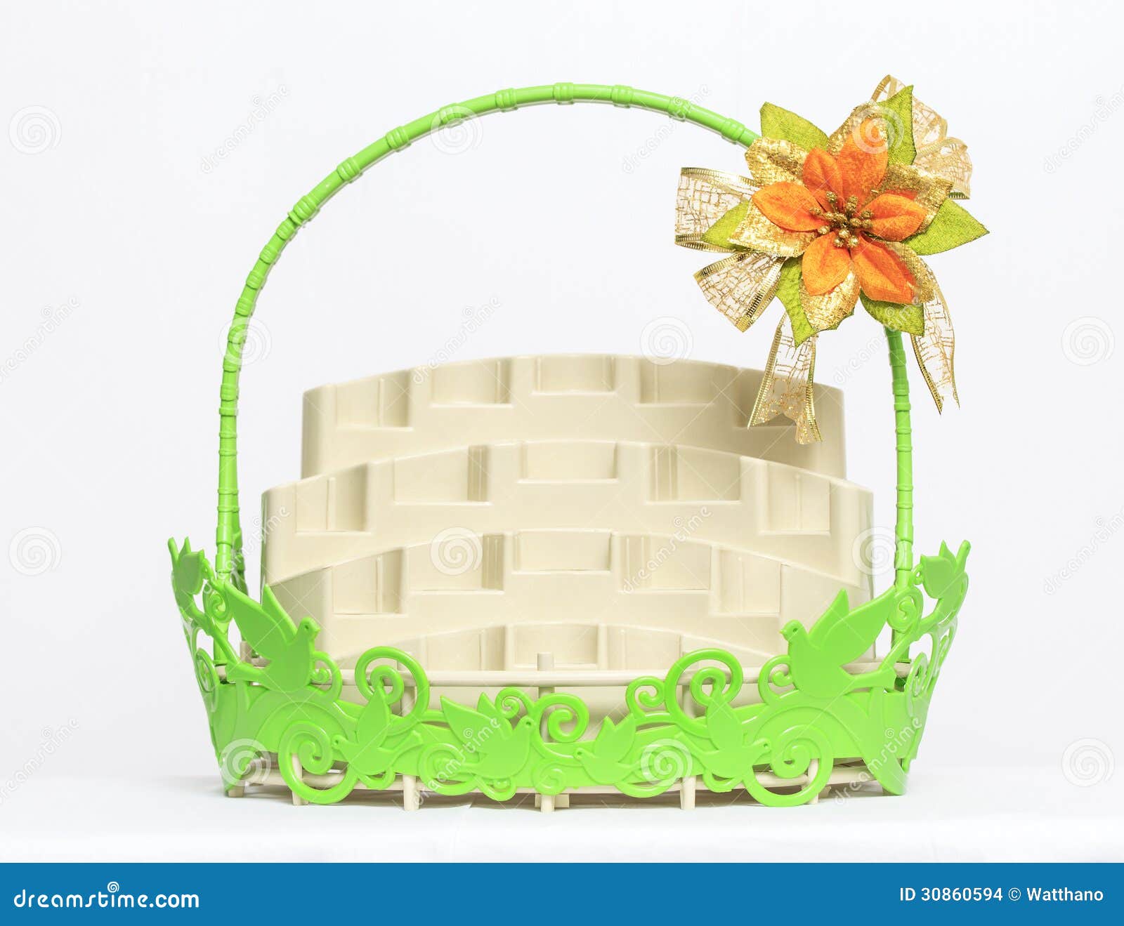 An Empty Colorful Basket with Beautiful Flower Ribbon on a White Stock