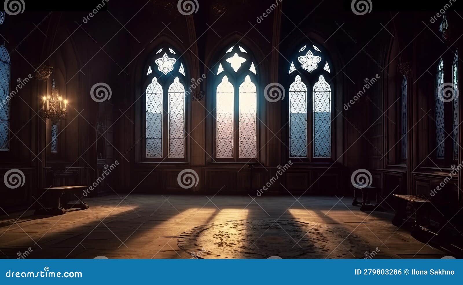 Empty Dark Room in Gothic Style with Large Windows Stock Illustration