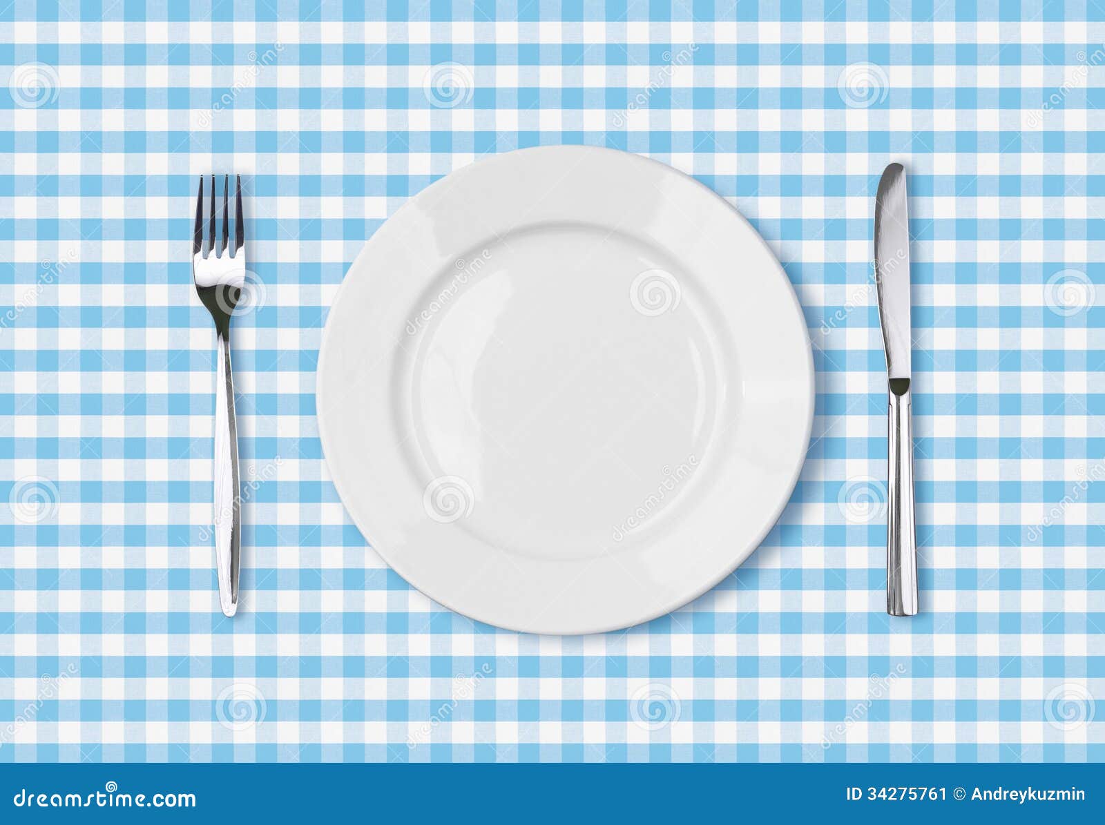 Empty Dinner Plate Top View On Blue Picnic Table Cloth ...