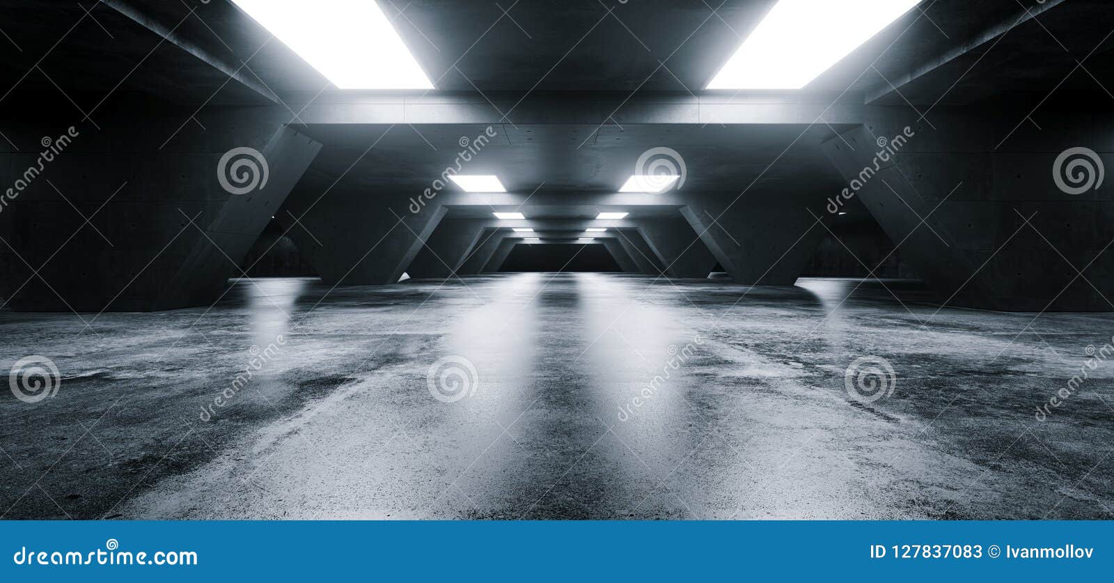 empty elegant modern grunge dark refletcions concrete underground tunnel room with bright white lights background wallpaper 3d re