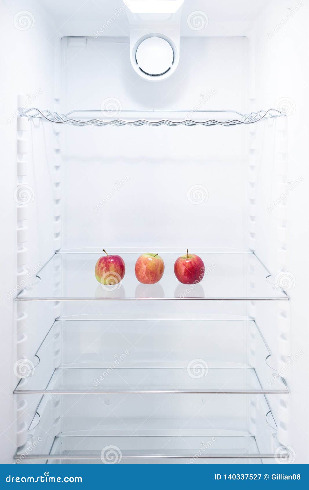 Empty Fridge with Just 3 Red Apples Stock Image Image of white, three