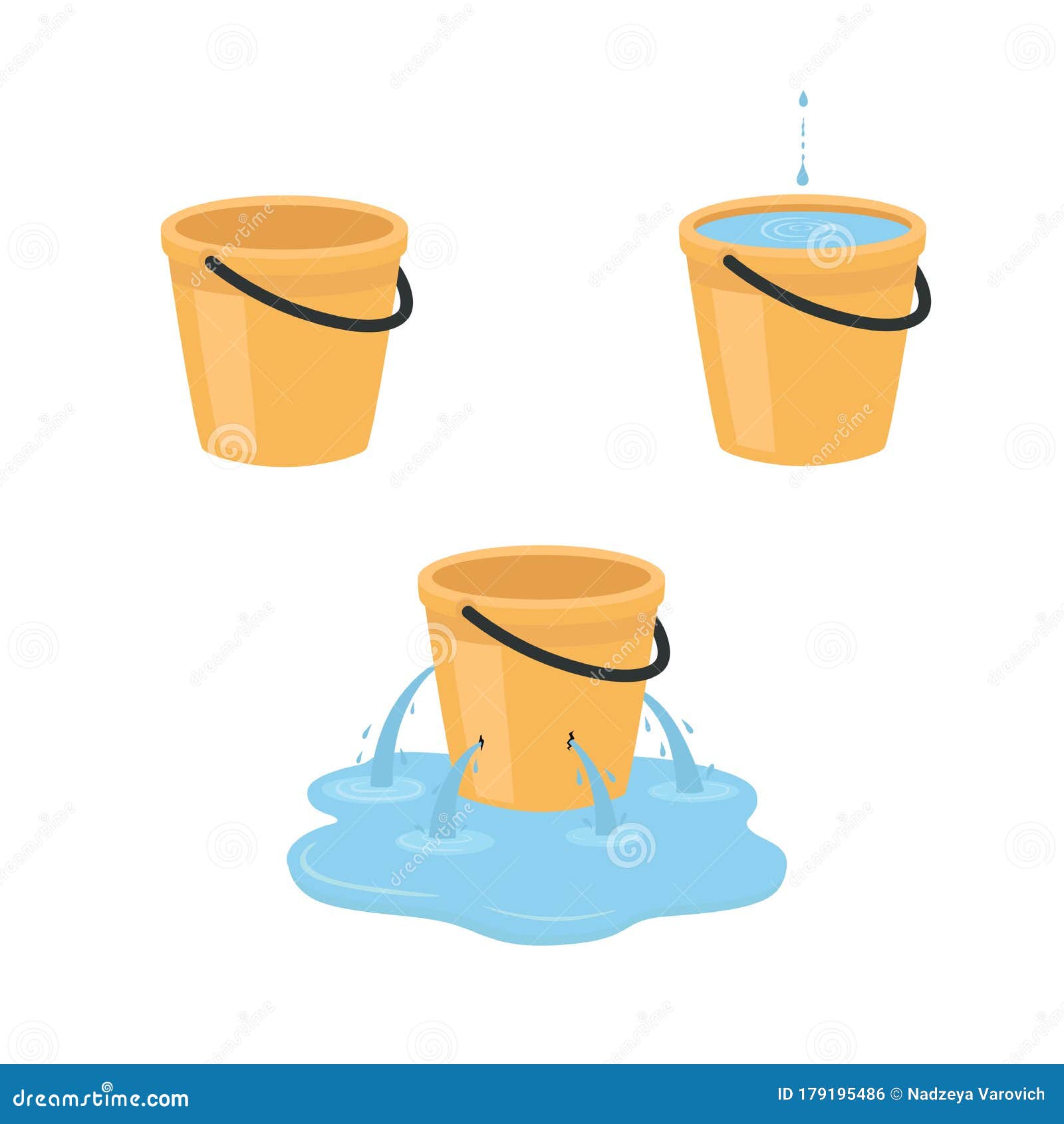 Empty, Full, Leaking Bucket. Vector Illustration Isolated on White ...