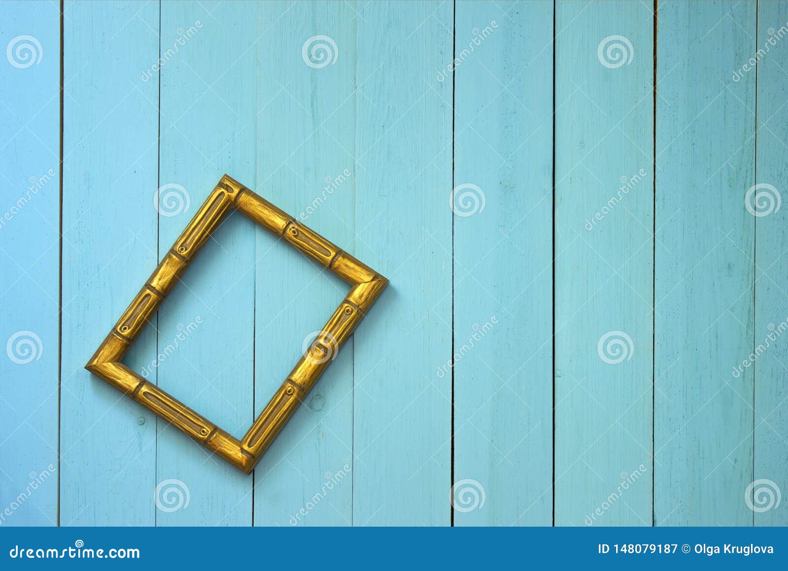 An Empty Golden Frame Hangs Askew on a Plank Wall Stock Image Image