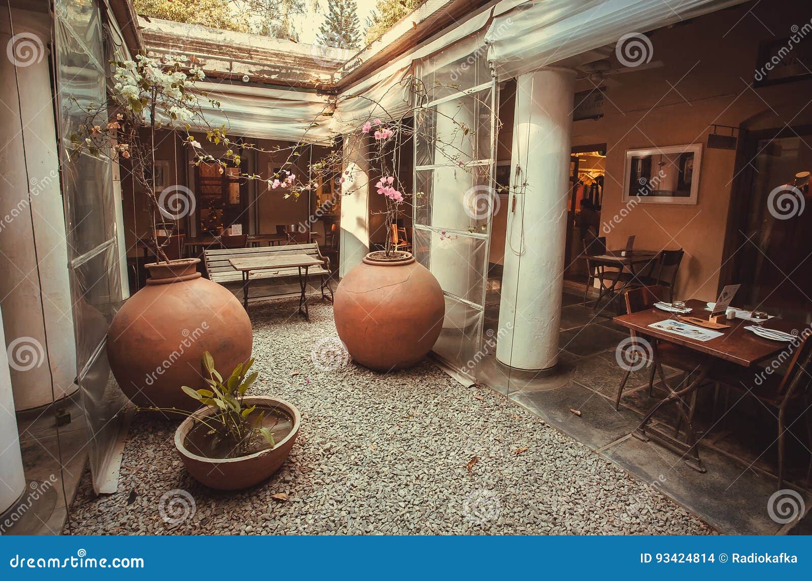 Empty Hall Of Dinning Area Inside Luxury Restaurant In Retro