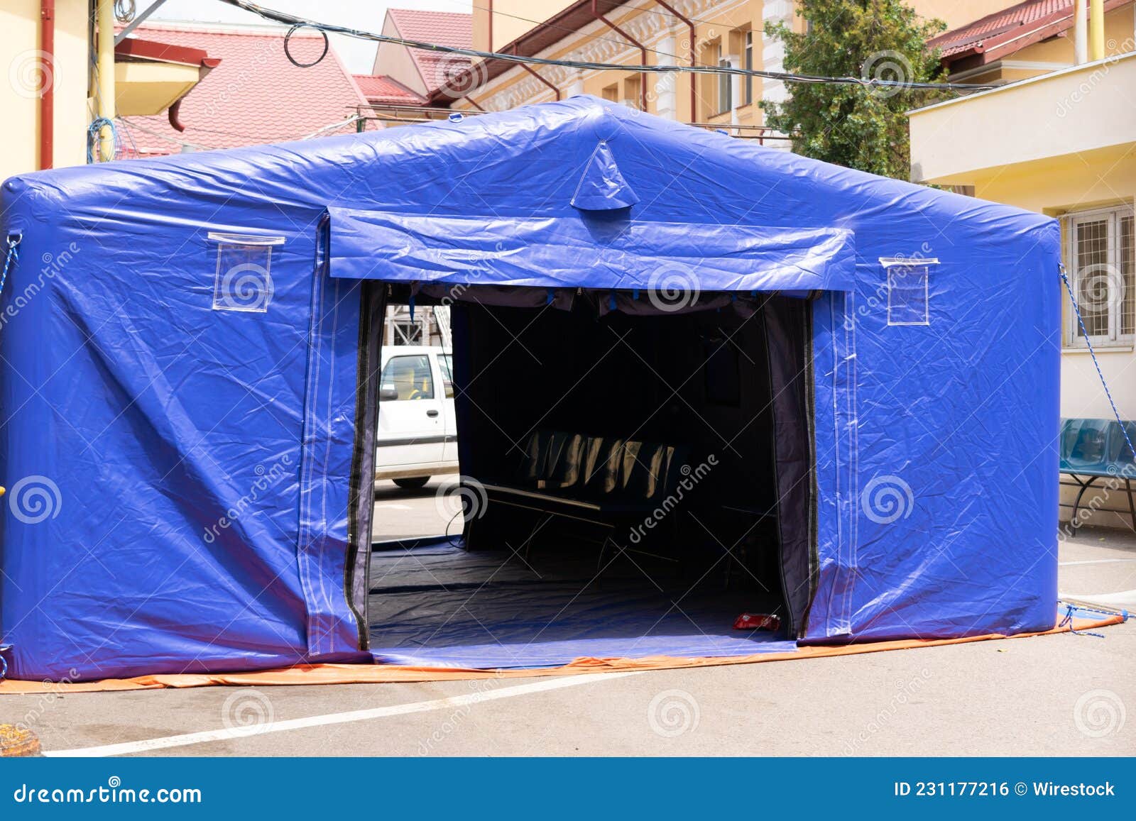 empty hospital triage tent entrance for covid 19 pandemic