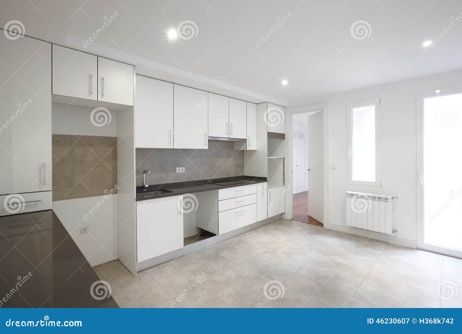 Empty House Kitchen With White Furniture Stock Photo 