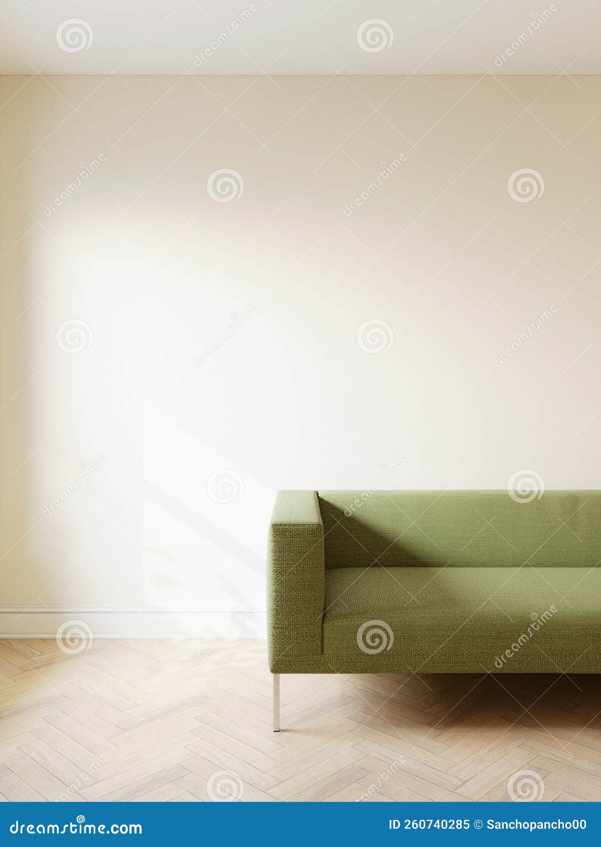 Green Sofa in the Interior, with Free Space on the Wall. 3d Rendering
