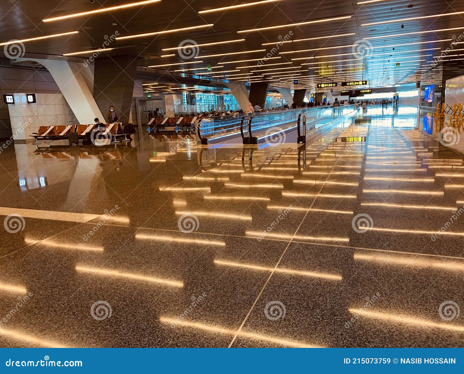Empty Interior Space with Ceiling Lights Reflection in Doha Airport