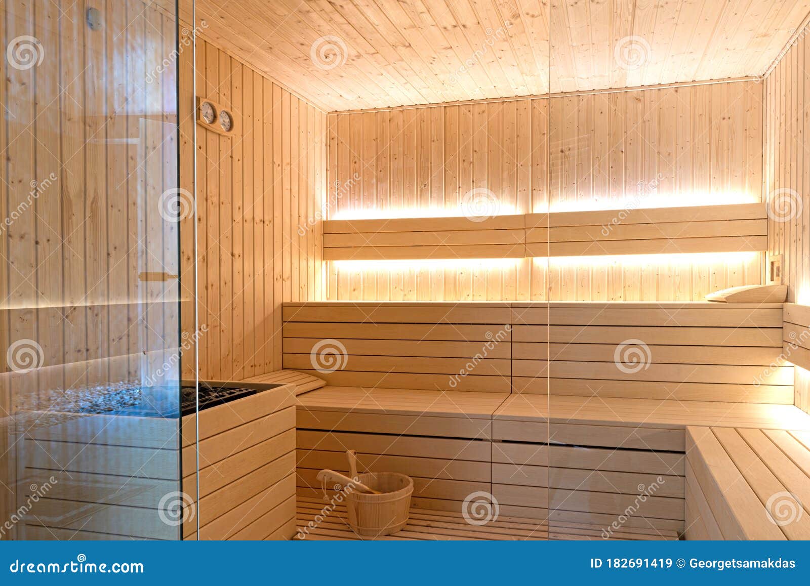 Empty Interior of Traditional Finnish Sauna Room. Modern Wooden Spa Therapy  Cabin with Hot Dry Steam Stock Image - Image of light, hotel: 182691419