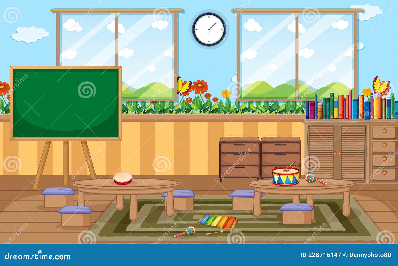 Empty Kindergarten Room with Classroom Objects and Interior Decoration