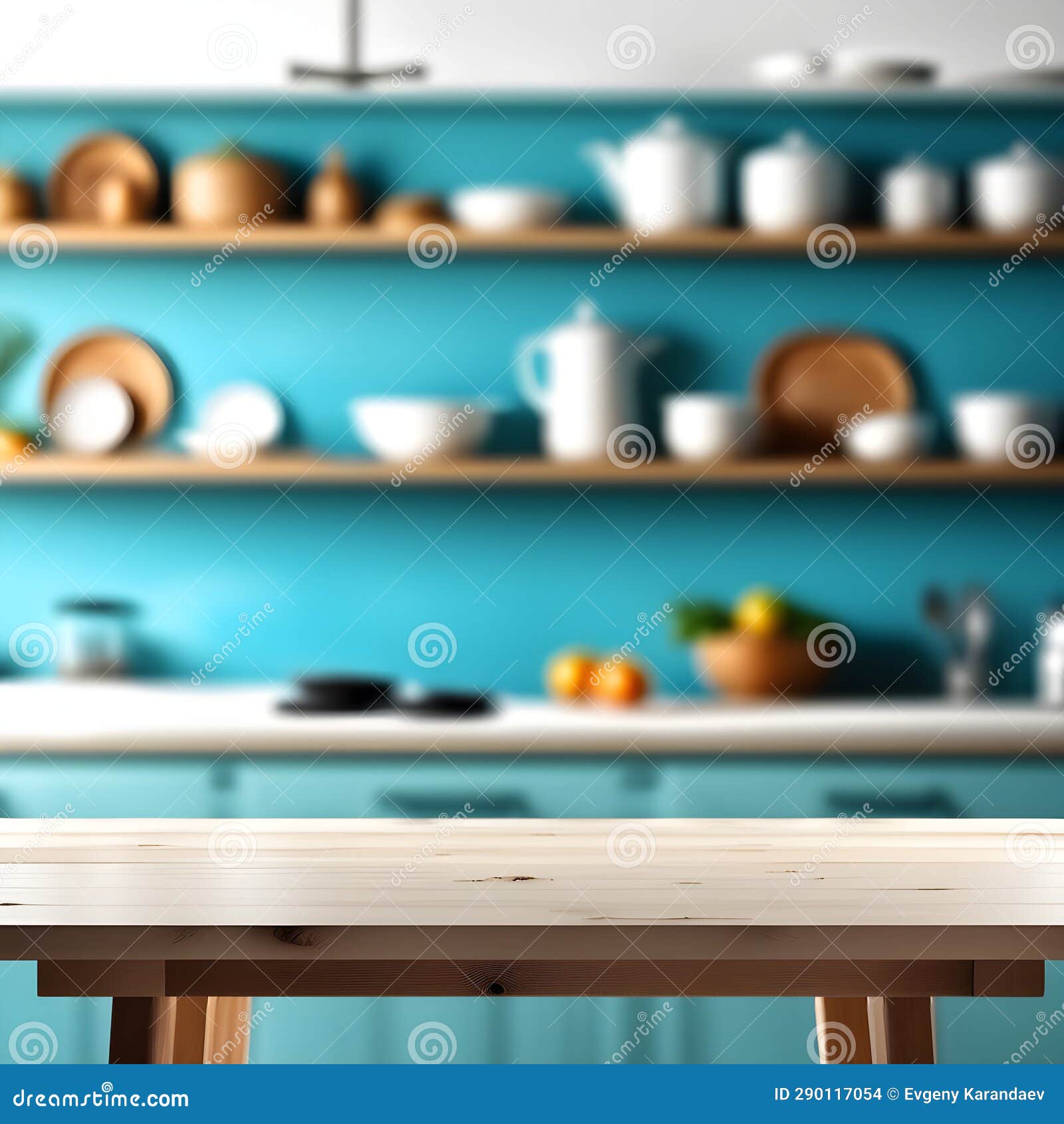 Empty Kitchen Table and Blurred Kitchen Background Stock Illustration