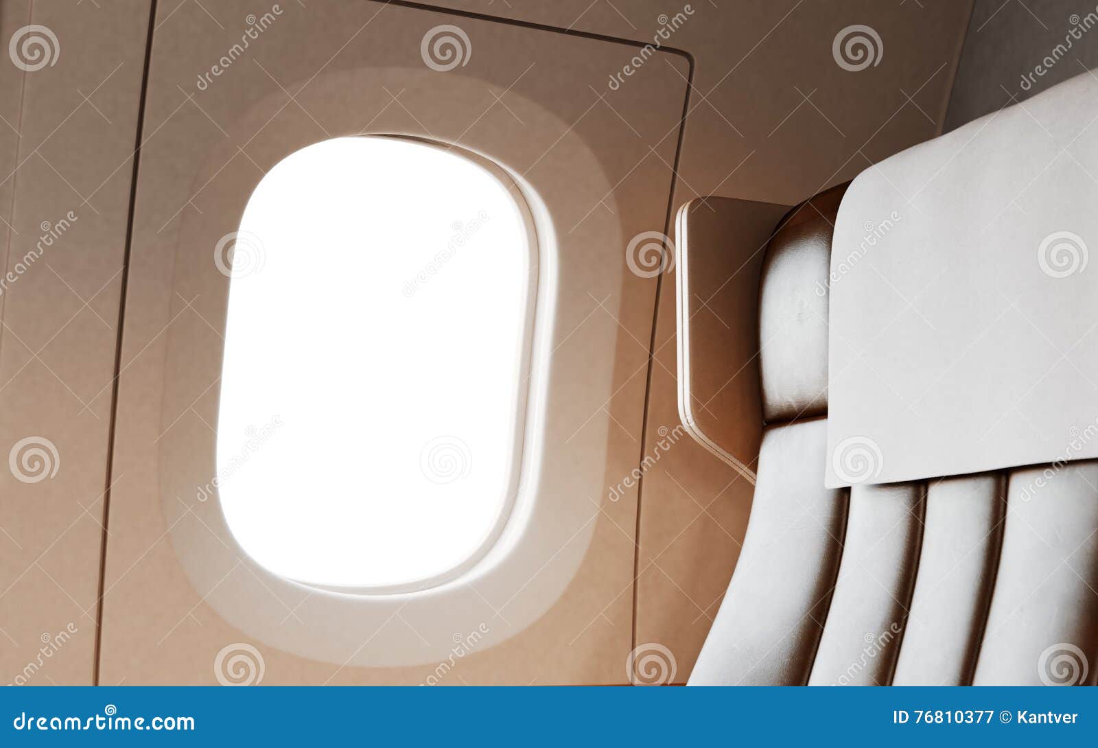 empty leather chair background inside interior first class airplane private jet. blank white illuminator mockup ready