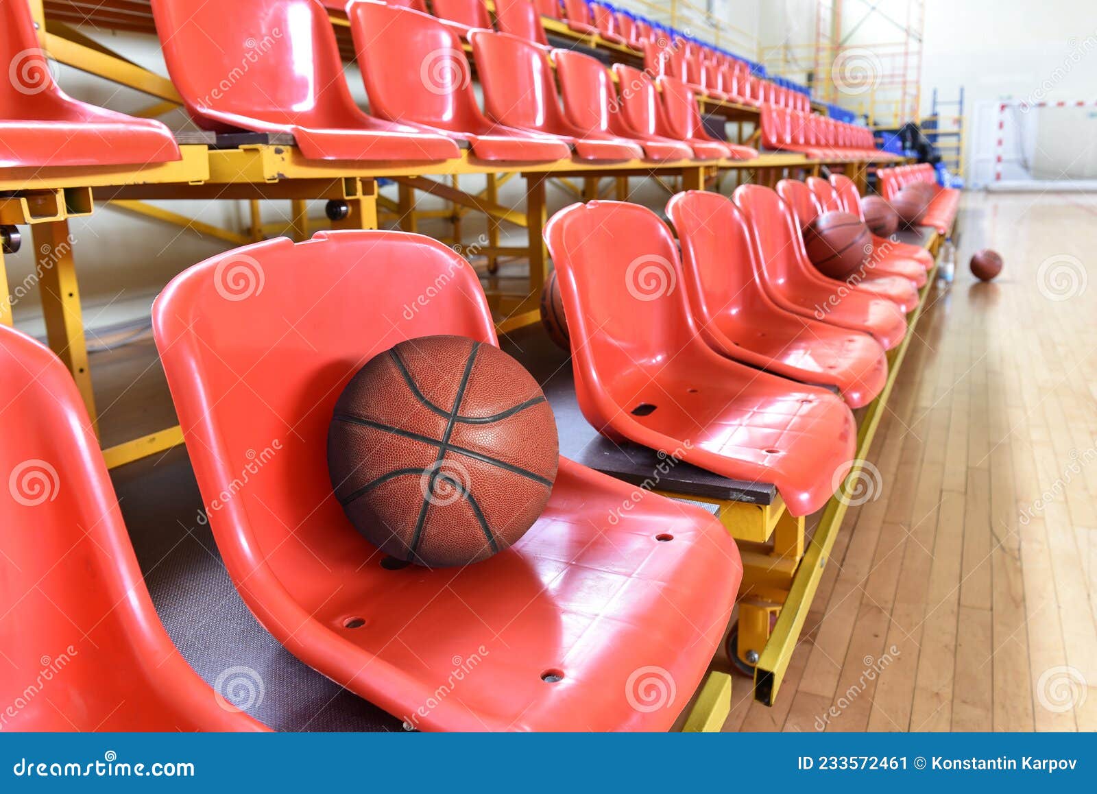 Empty Line of Stadium Chairs with Basketball Ball Stock Image Image