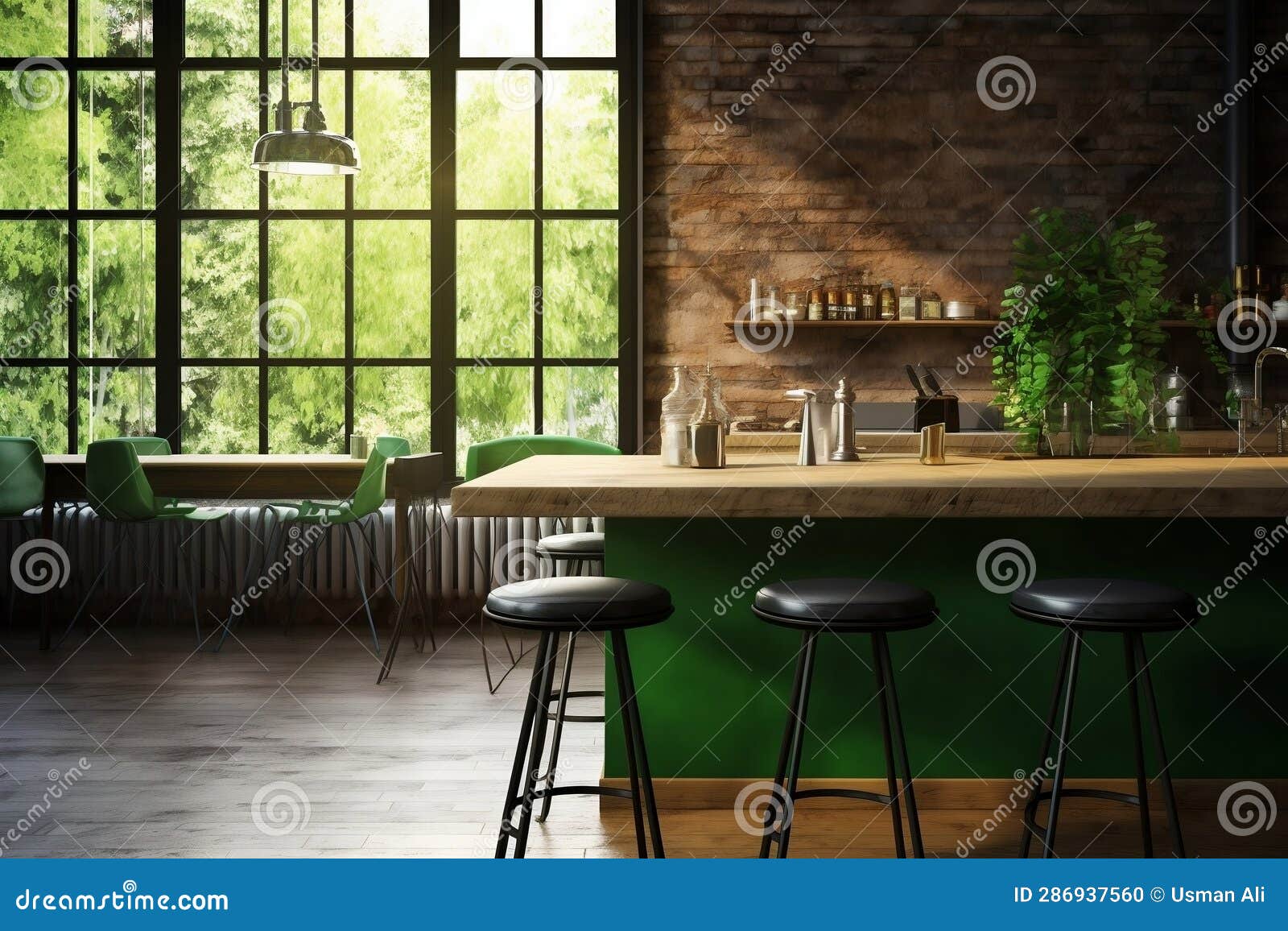 Empty Loft Cafe Kitchen with Table on Blurred Green Background. AI