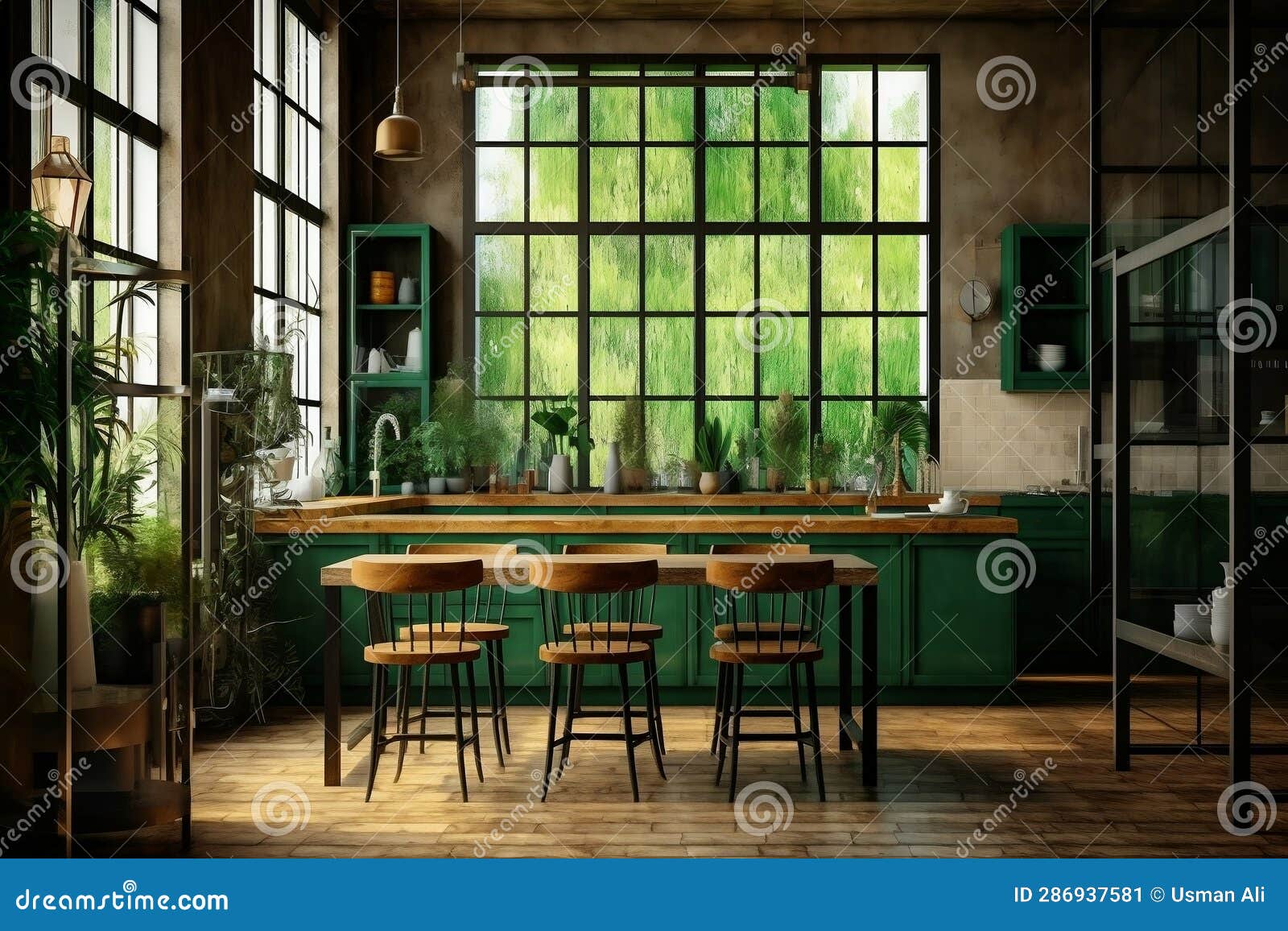 Empty Loft Cafe Kitchen with Table on Blurred Green Background. AI