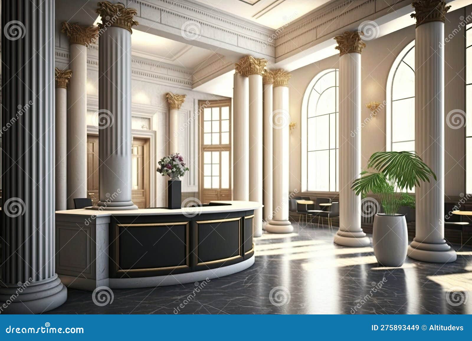 Empty Luxury Hotel Reception Desk, with the View of Empty Lobby and