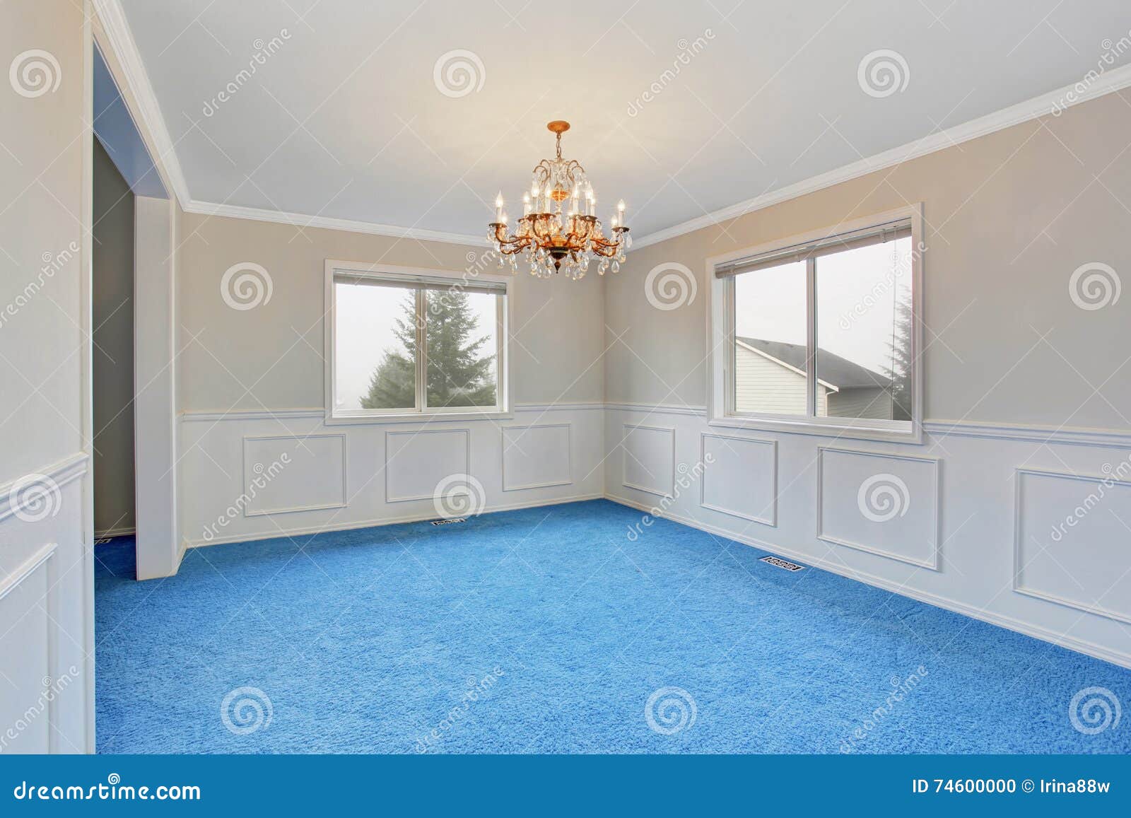 Empty Luxury Room Interior with Blue Carpet Floor and Chandelier Stock