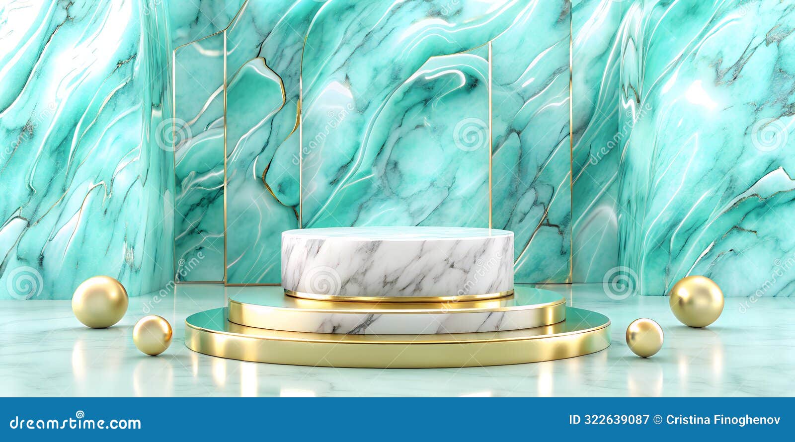 empty marble podium, stage, 3d product platform, mock-up visualization, turquoise color, minimal abstract background