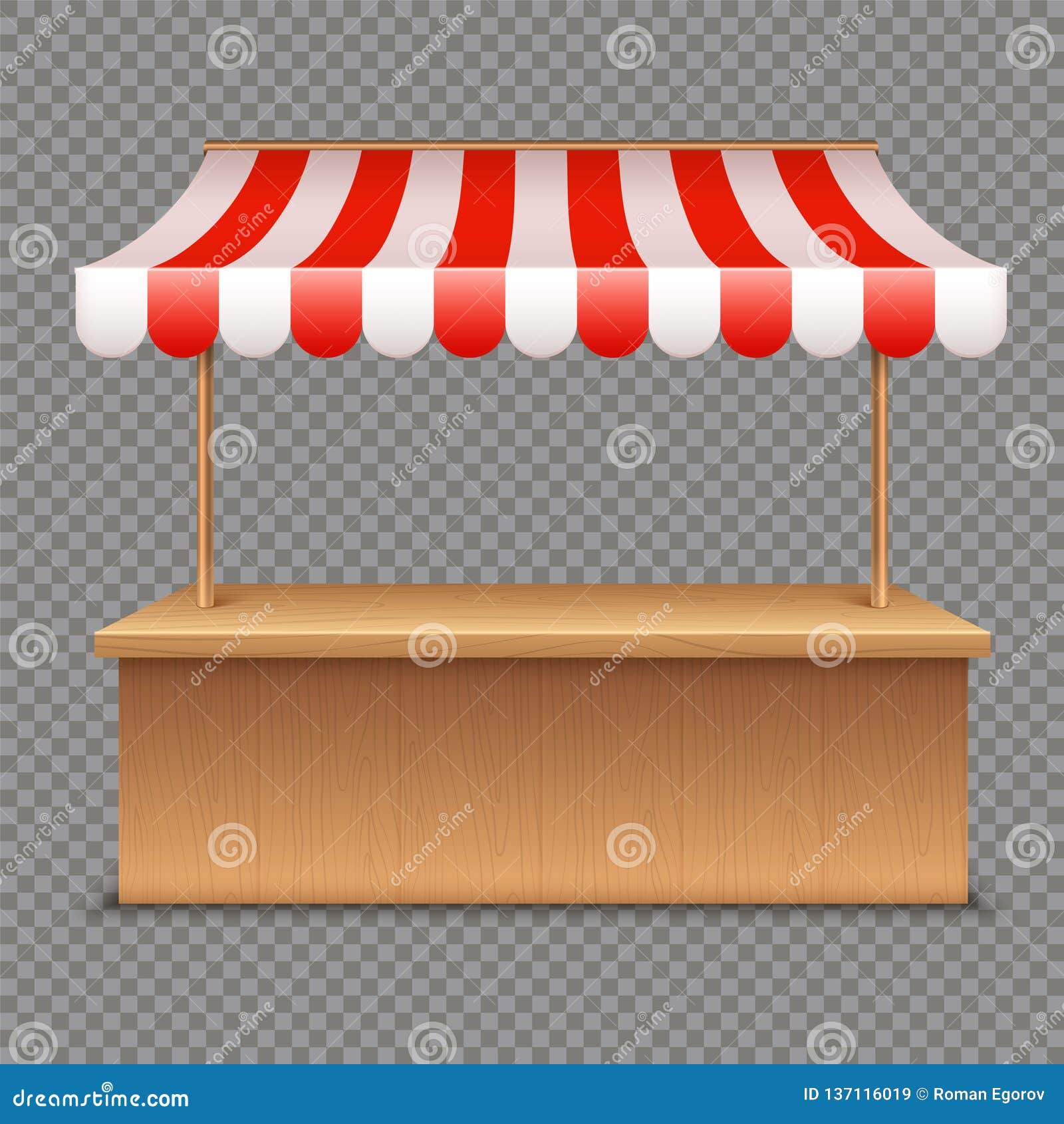 empty market stall. wooden tent with red and white striped awning on transparent background