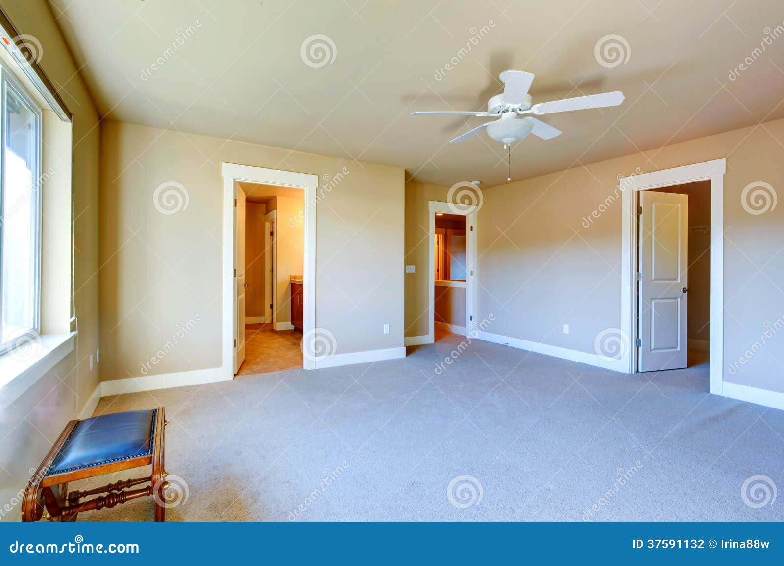 Empty Master Bedroom With Walk In Closet And Bathroom Stock