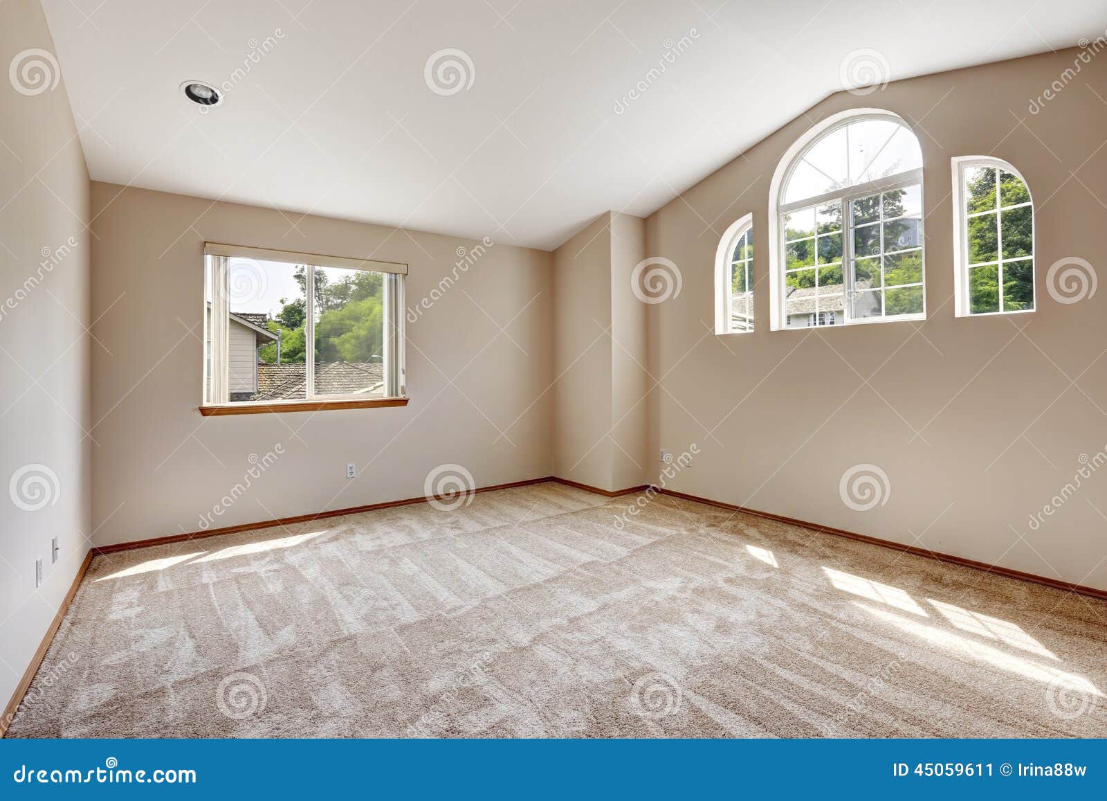 empty master bedroom with window and high vaulted ceiling