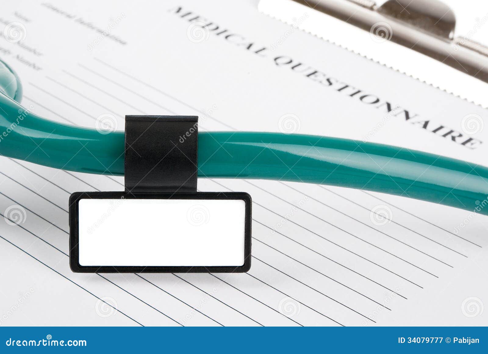 empty medical document with stethoscope and id tag