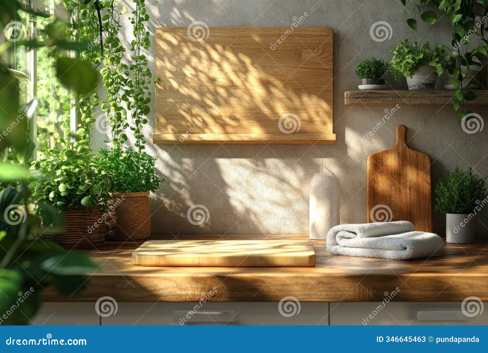 an empty mockup featuring a cutting board and towel on a modern kitchen table, creating a stylish, minimalist atmosphere