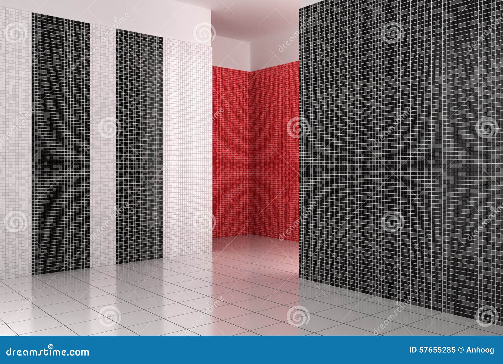 Empty Modern Bathroom With Black White And Red Tiles Stock