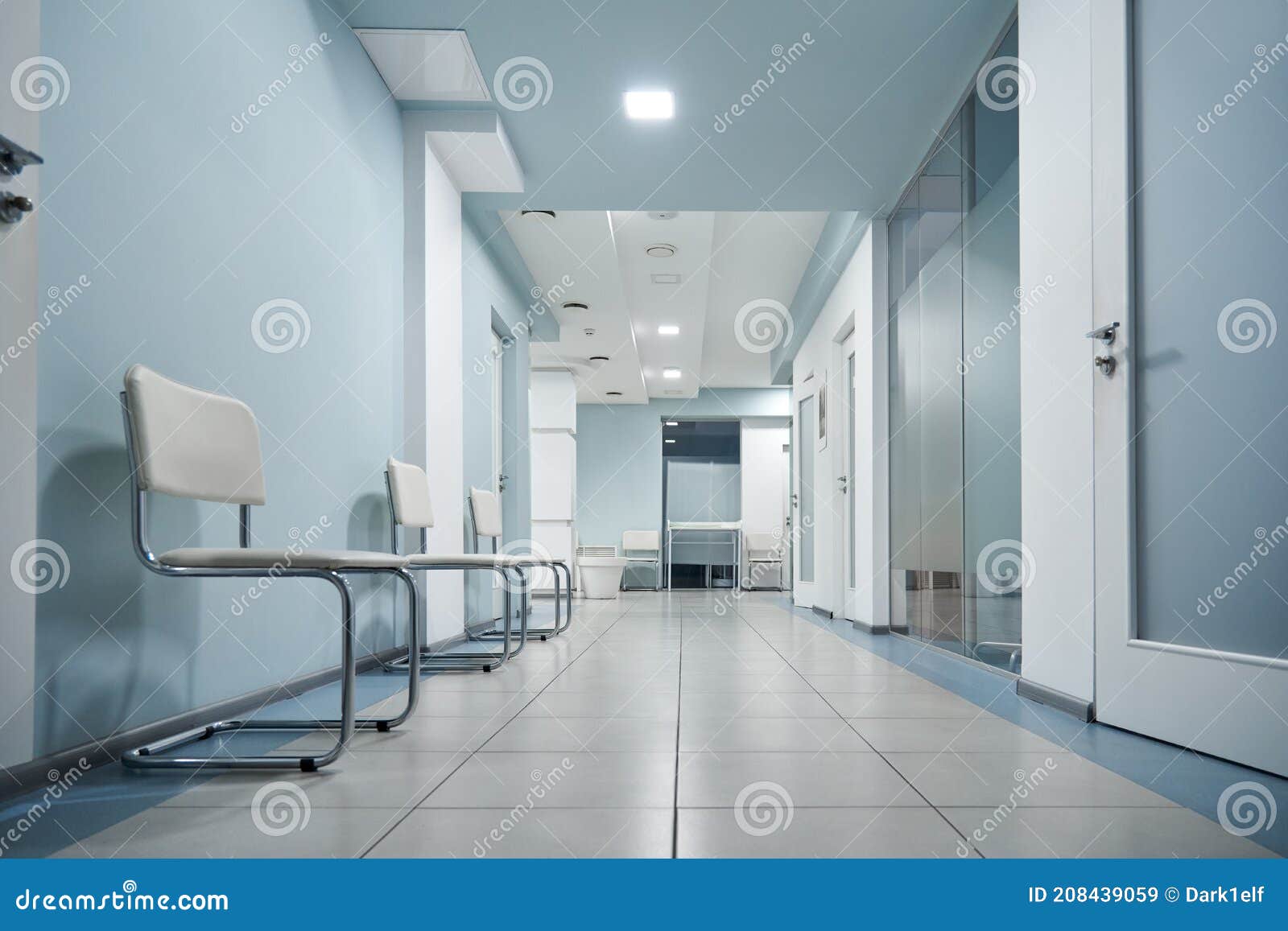 empty modern hospital corridor, clinic hallway interior background.