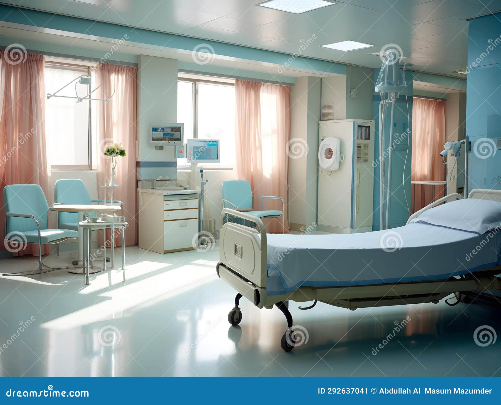 empty modern hospital corridor, clinic hallway interior background with white chairs for patients waiting for doctor visit. contem