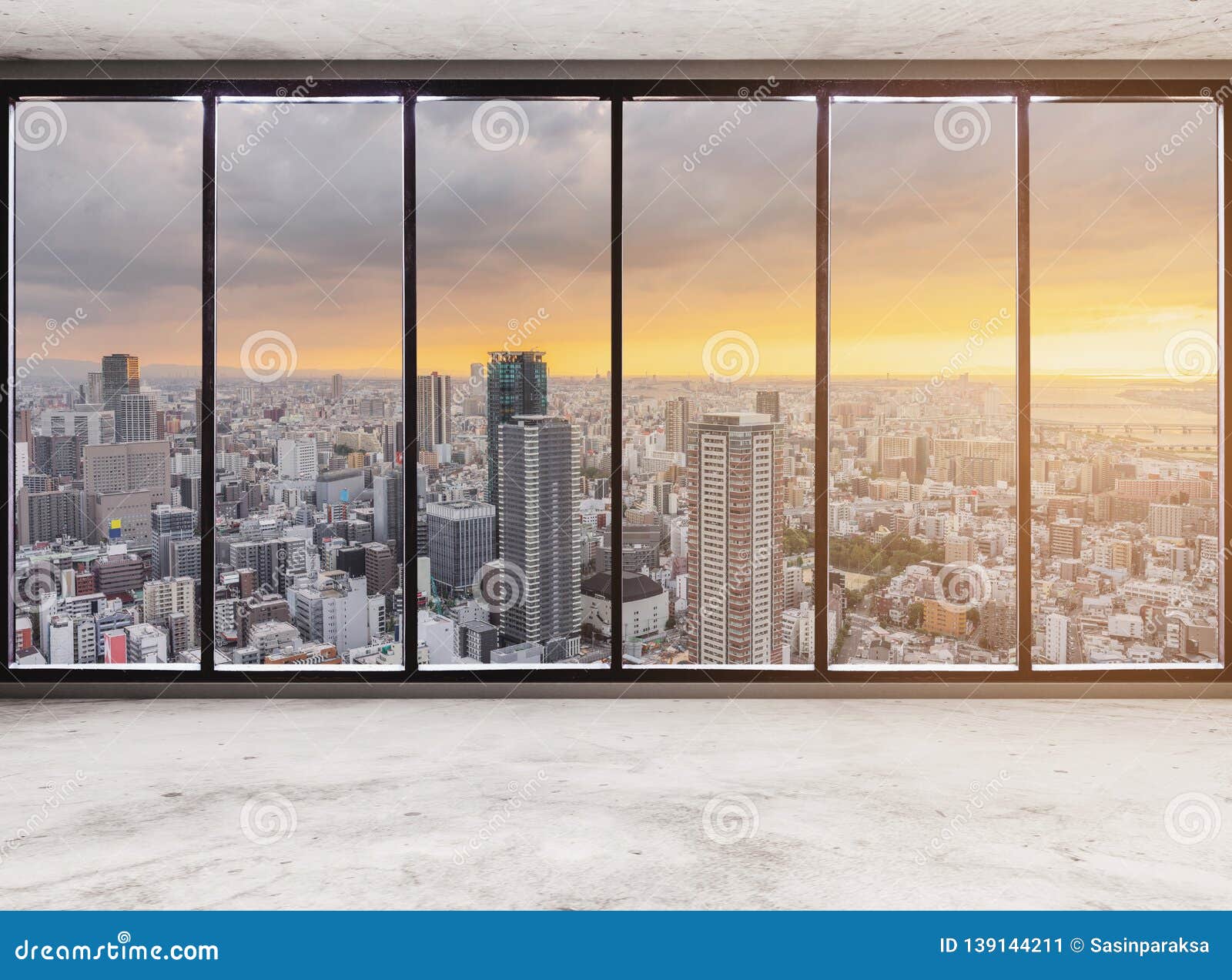 empty modern interior space with skyscraper city view in sunset, empty business office interior