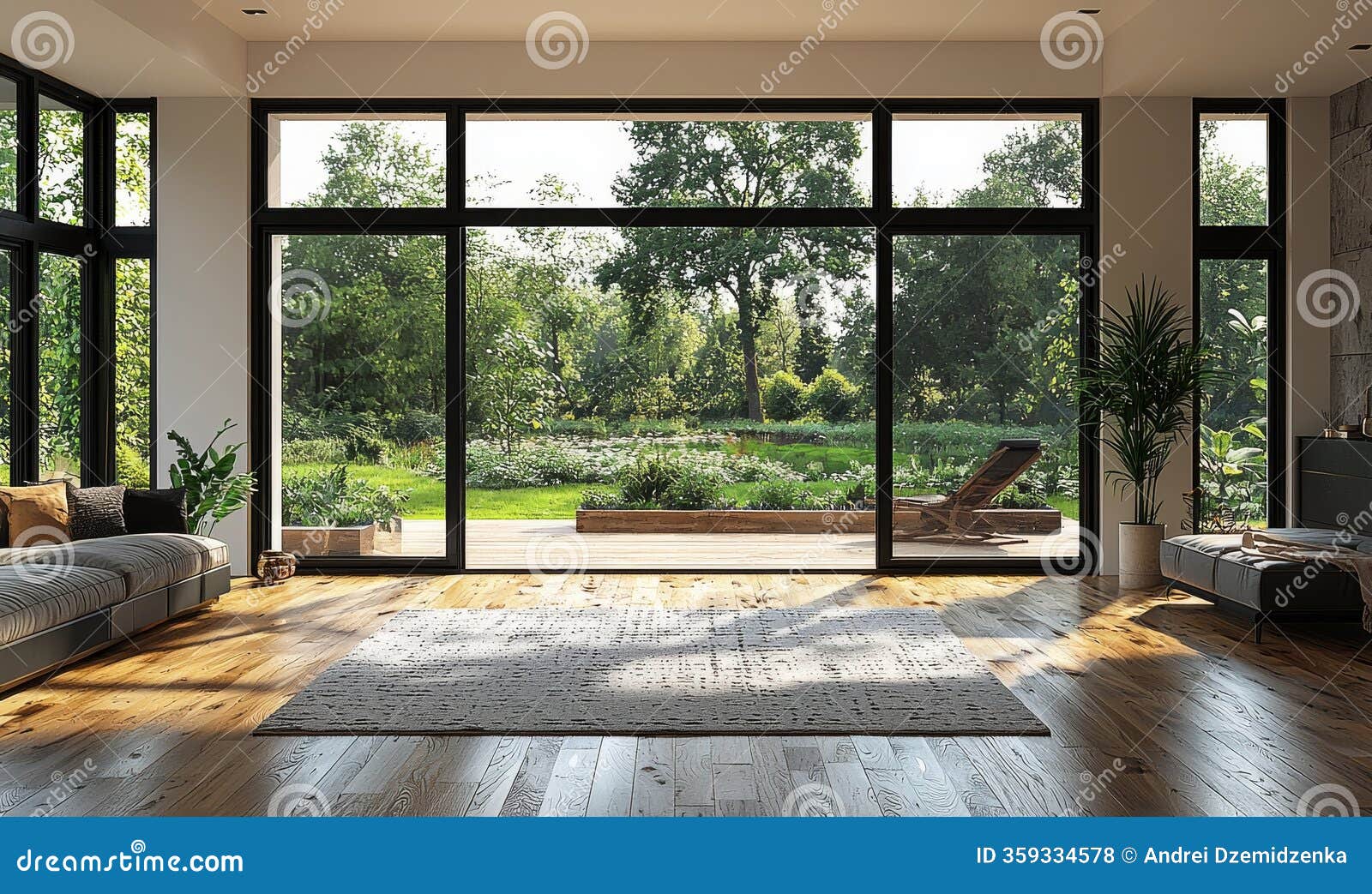 An Empty, Modern Living Room Design with a Garden View As the Backdrop  Stock Photo - Image of contemporary, wall: 359334578, image size:1600x1043