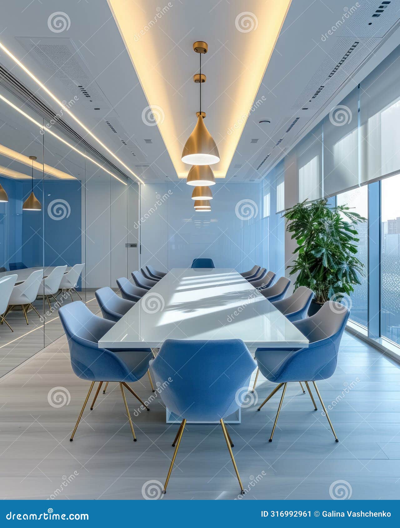 empty modern meeting room with long white table, blue chairs and glass partitions in bright office