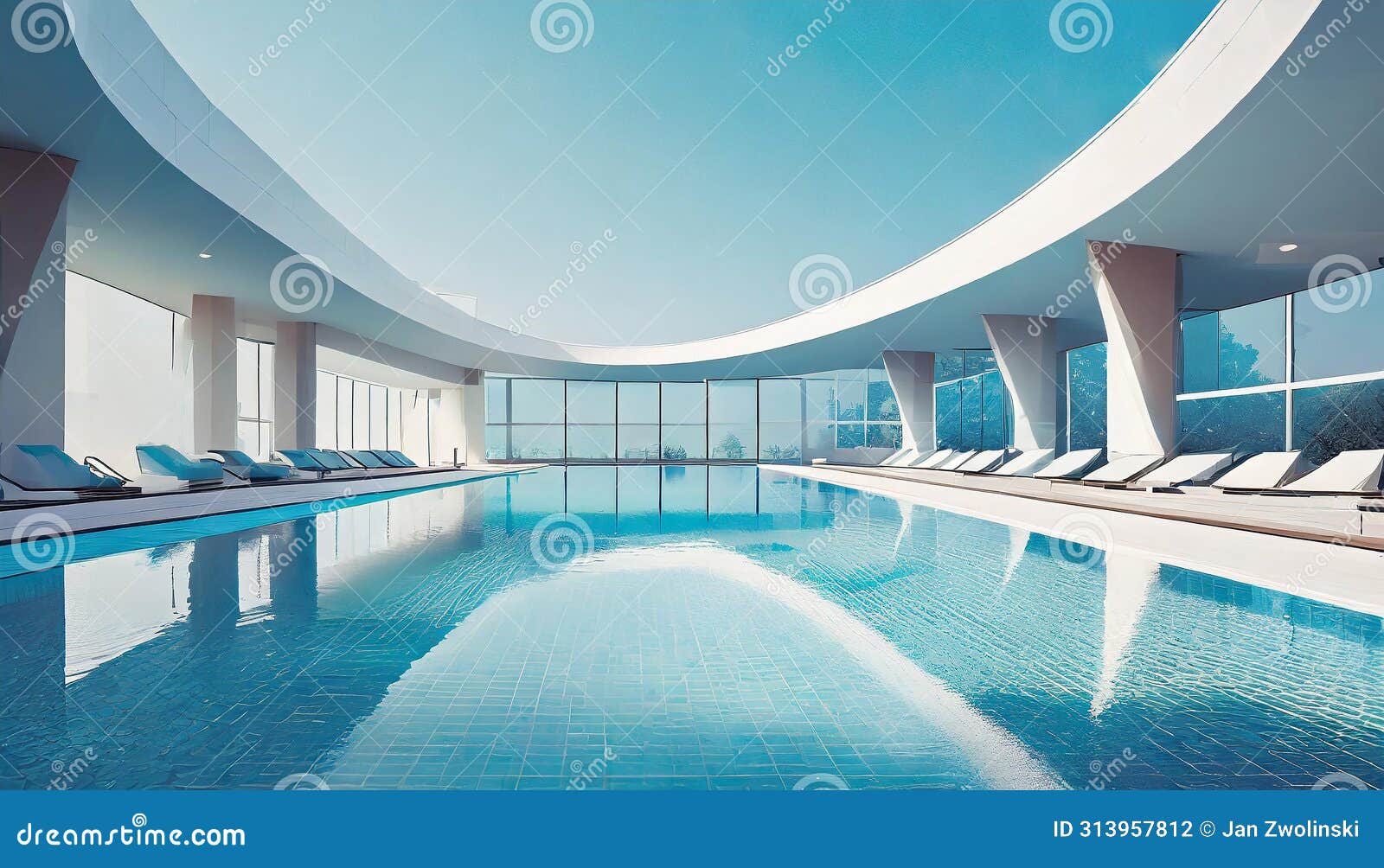 Empty Modernist Swimming Pool with Lawn Chairs Stock Illustration