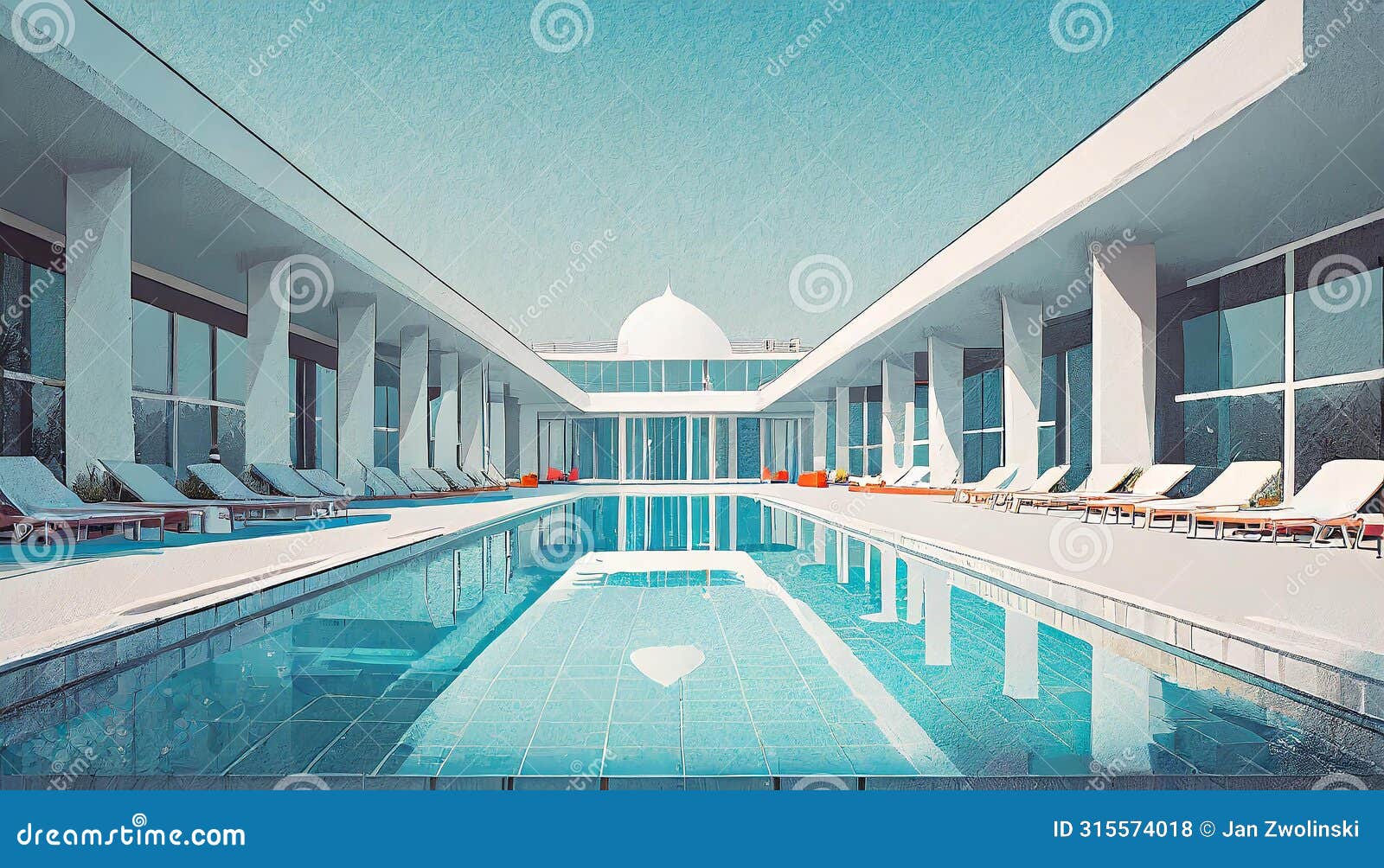 empty modernist swimming pool with lawn chairs