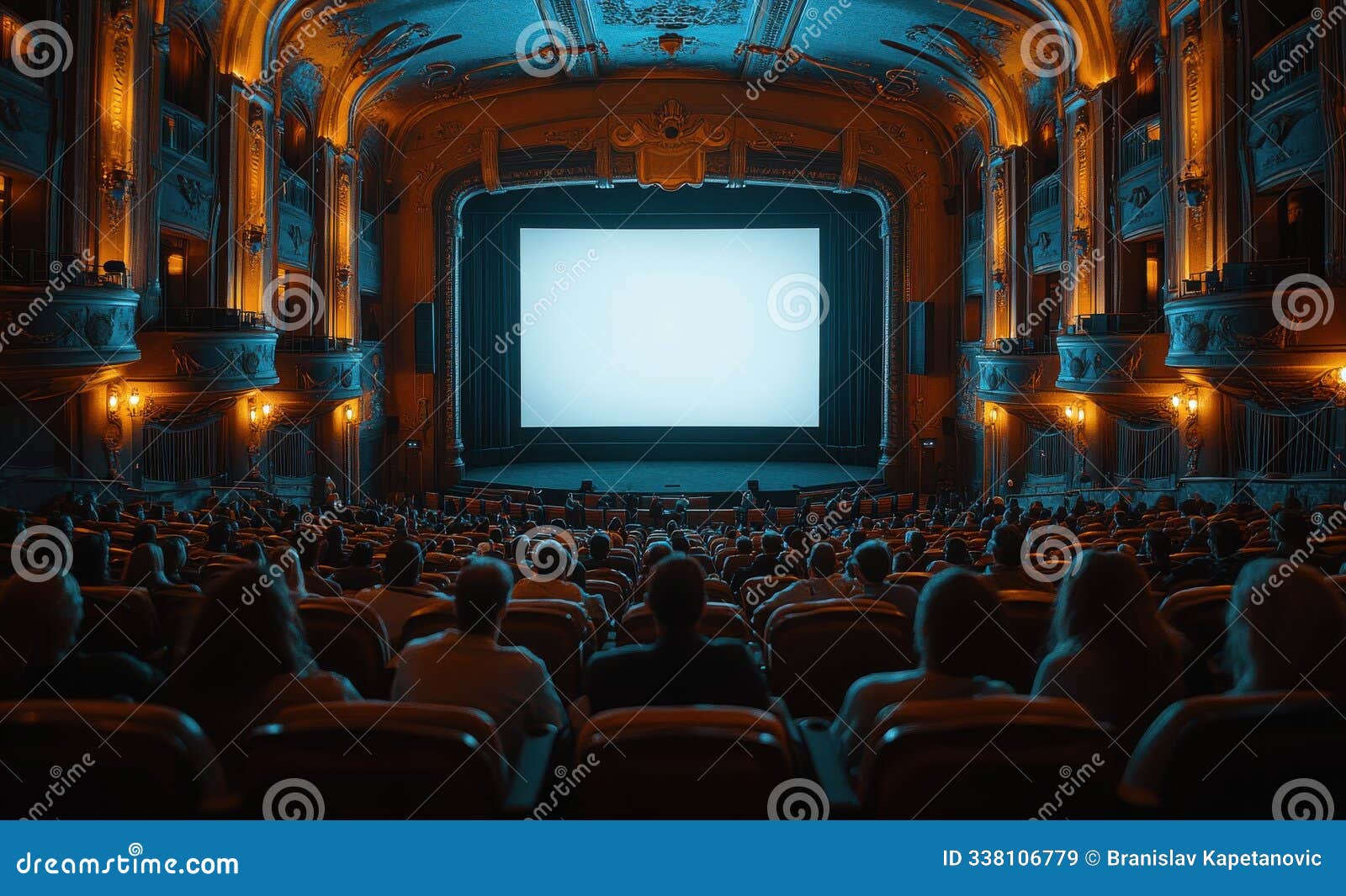 empty movie theater filled with viewers watching a large white screen during daylight with a blue color theme