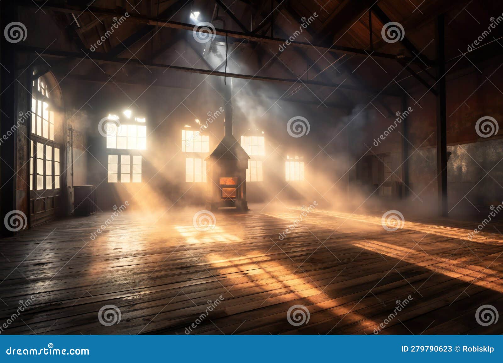 Empty Old Rustic Studio or Stage with Smoke and Lights Stock