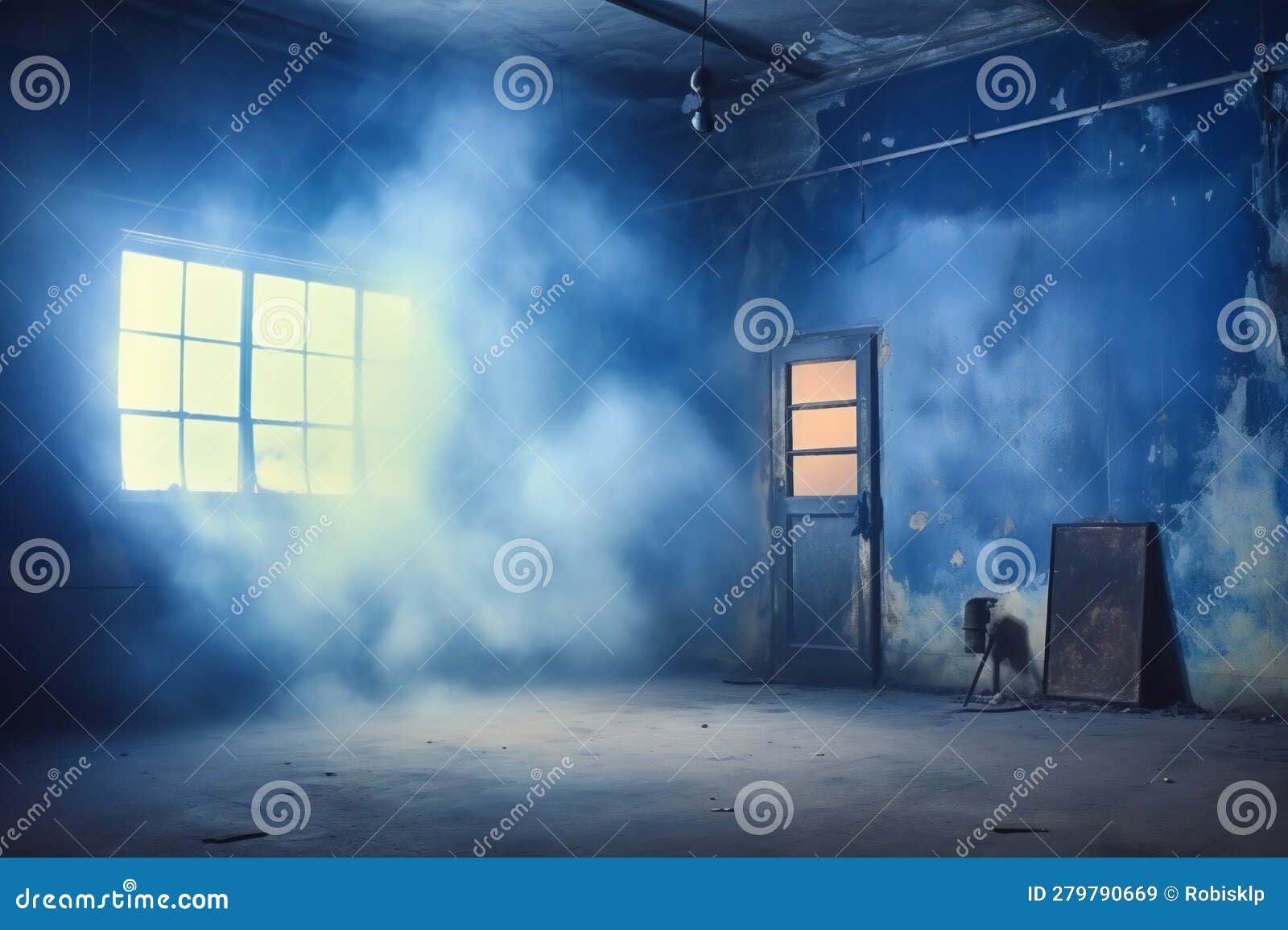 Empty Old Rustic Studio or Stage with Smoke and Lights Stock