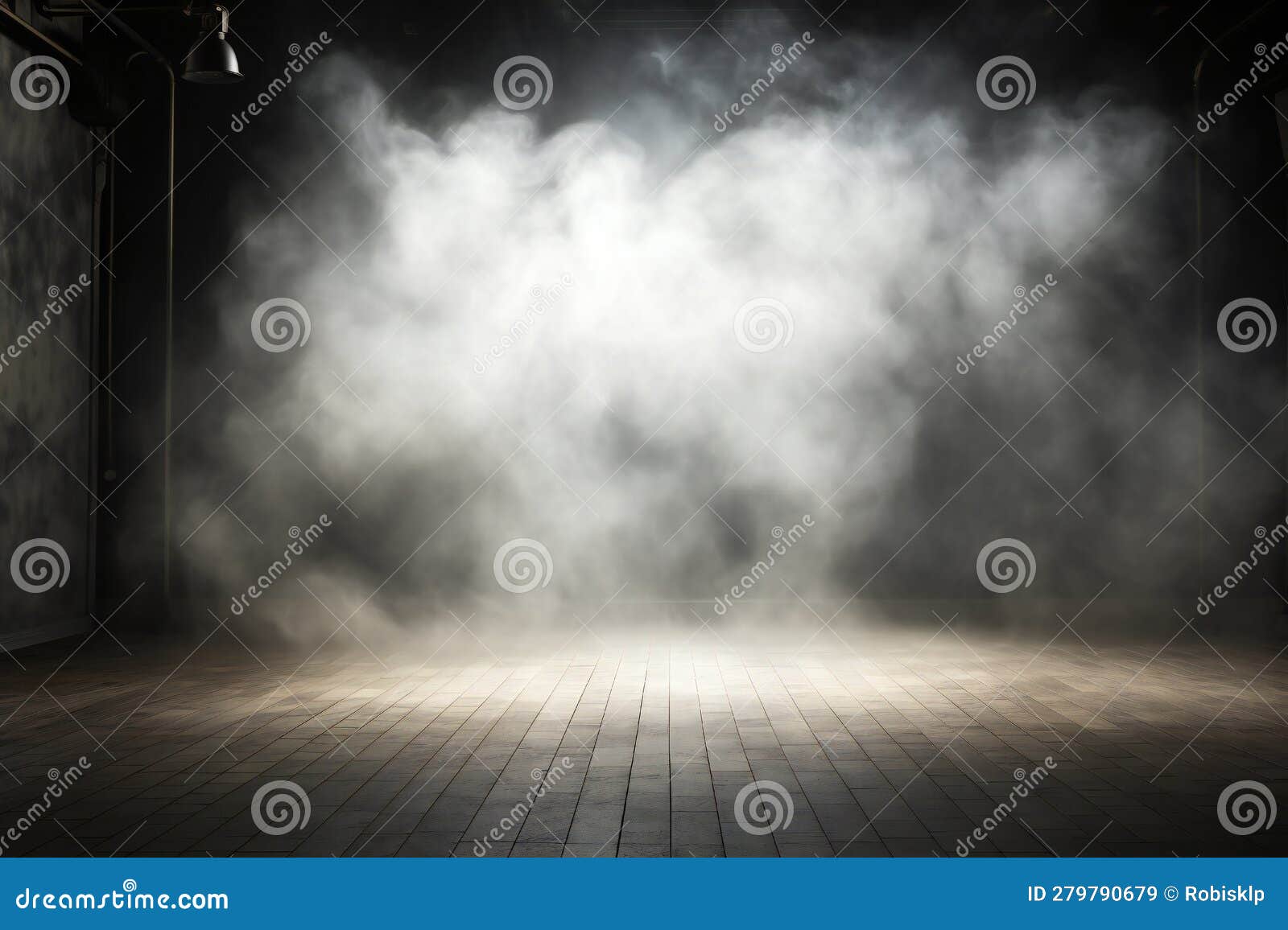 Empty Old Rustic Studio or Stage with Smoke and Lights Stock