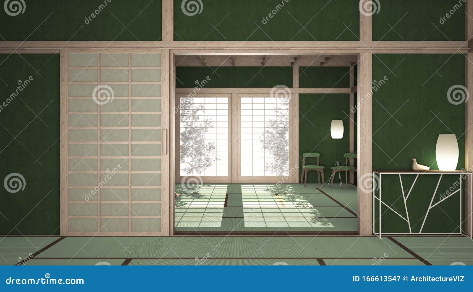 Empty Open Space Mats Tatami And Futon Floor Green Plaster