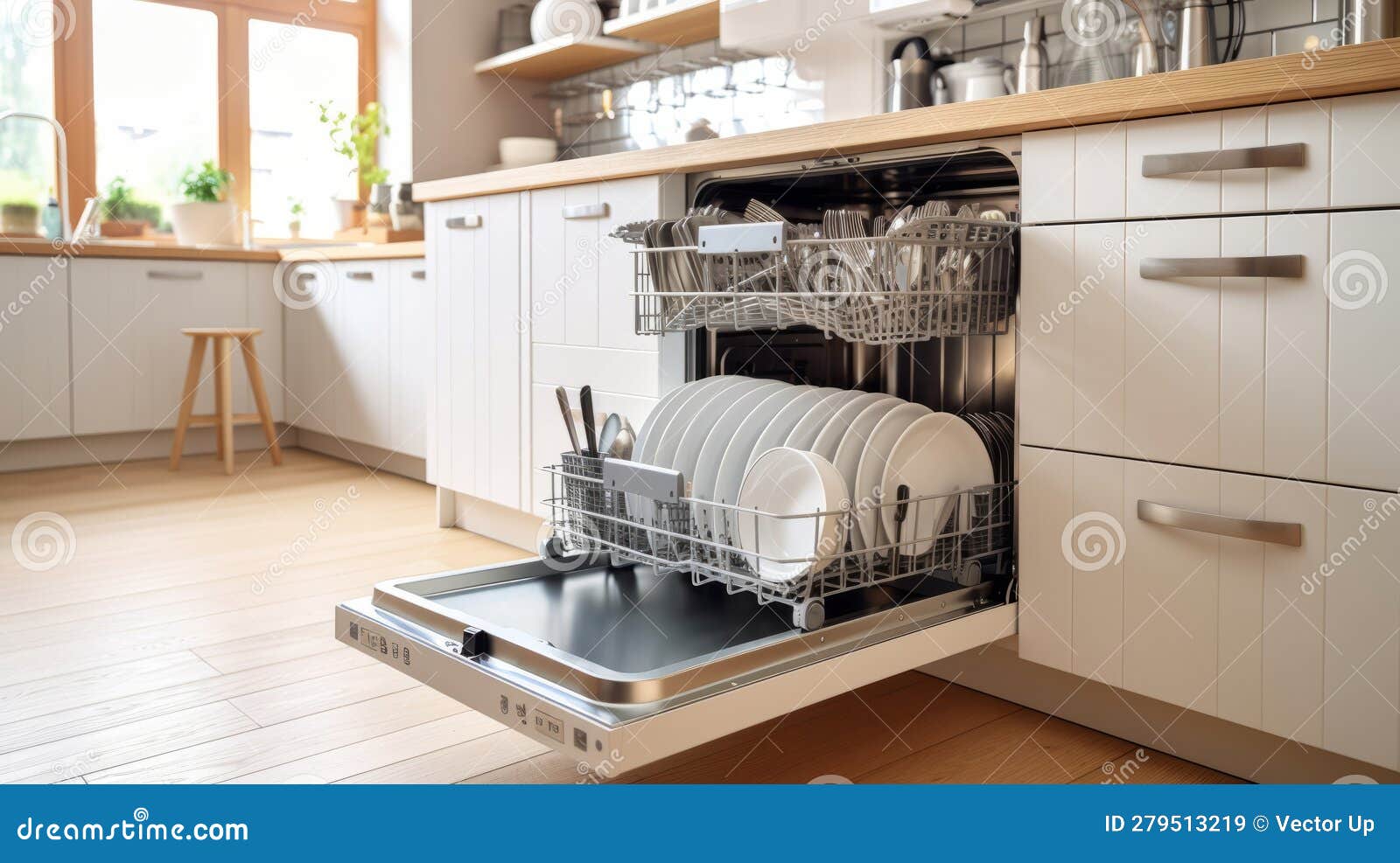 Empty Opened Dishwasher in Kitchen. Generative AI Stock Illustration