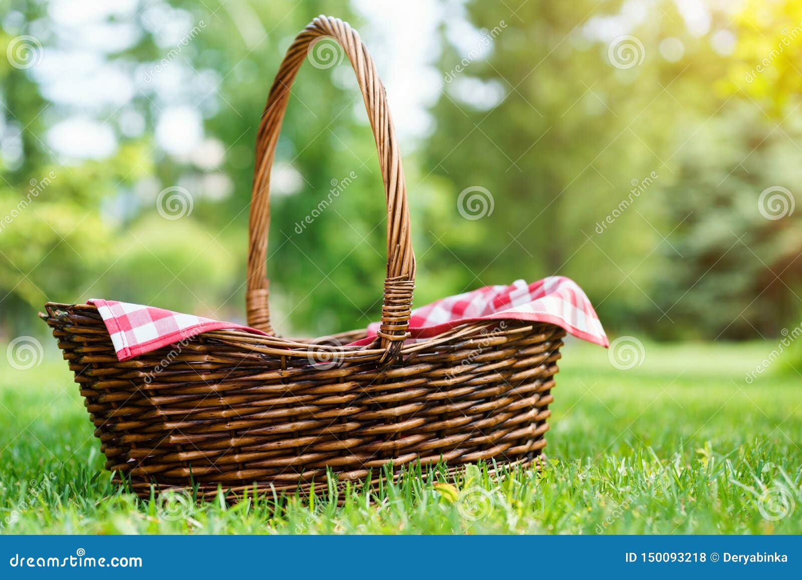 Empty Picnic Basket with Red Checkered Napkin on the Grass Stock Photo
